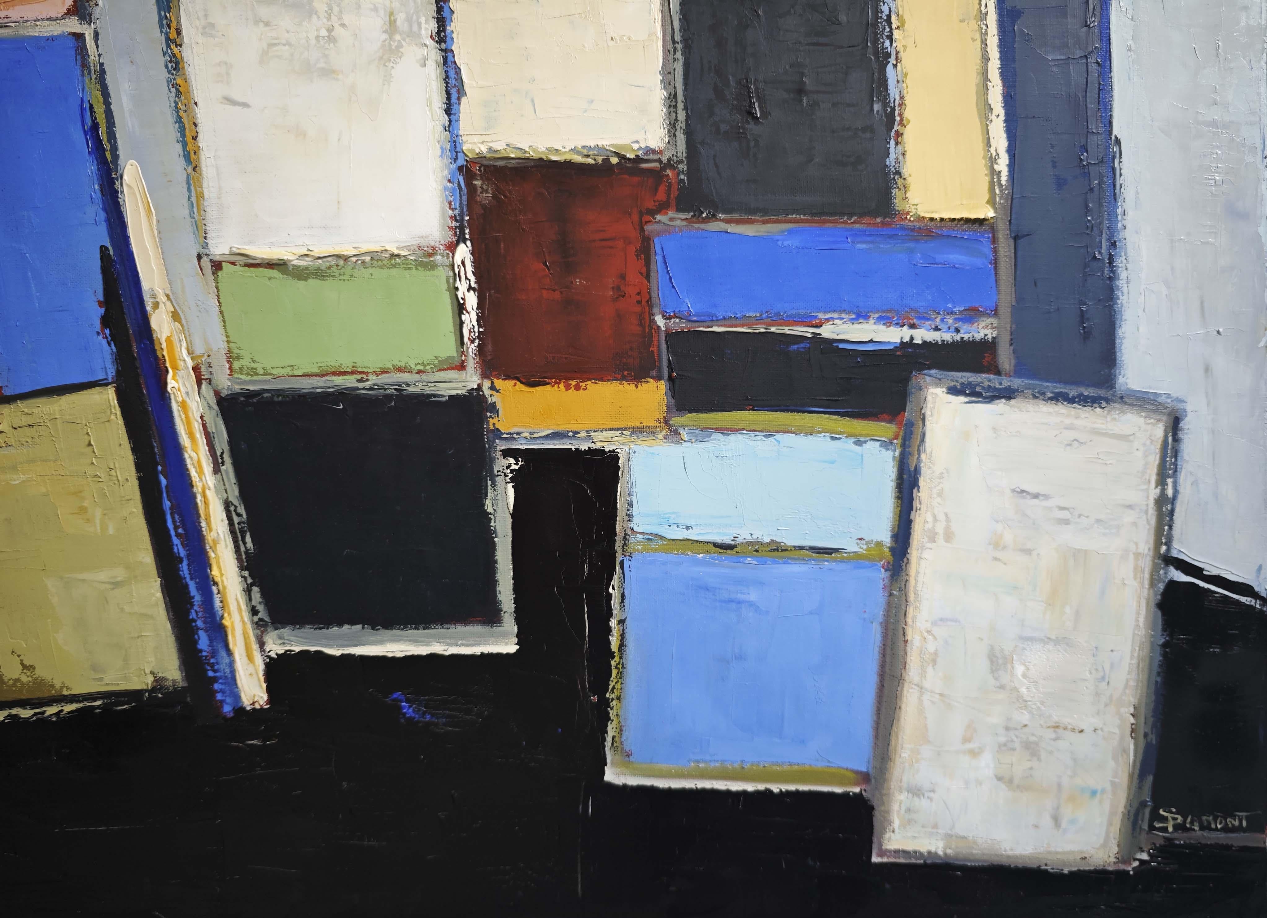 Orchestration d'atelier- Pintura al óleo con textura, Geométrica, Estudio de artista, Francés en venta 3