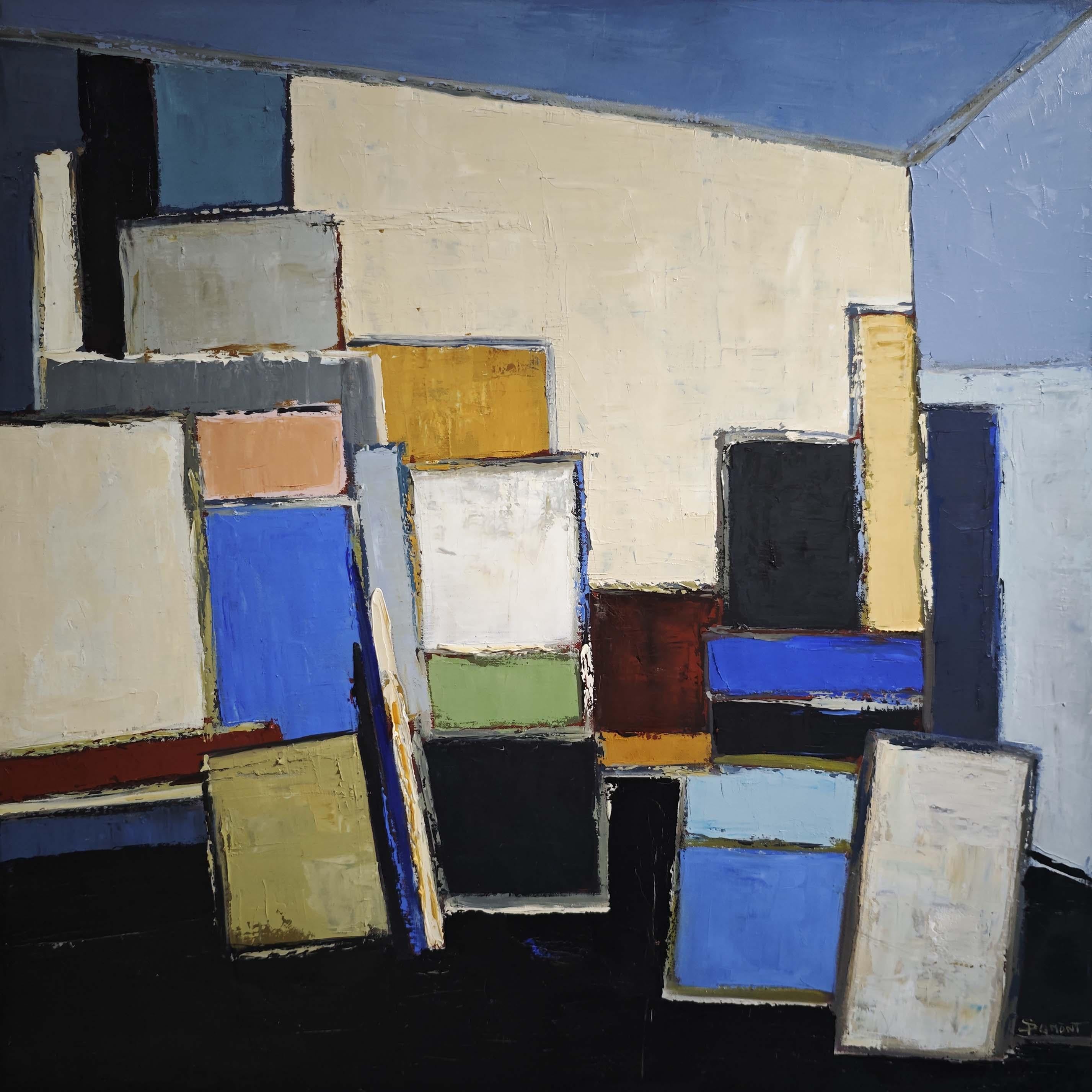 Orchestration d'atelier- Pintura al óleo con textura, Geométrica, Estudio de artista, Francés en venta 4