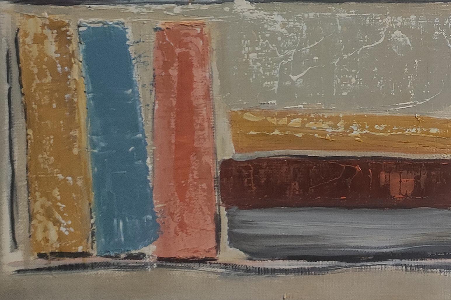 abstract and geometric painting of books in a library.
The colors are complementary: blue, gray, red, green and white
The library is a favorite subject of the artist who began his series in 2016 and is still relevant
Oil on canvas worked with a