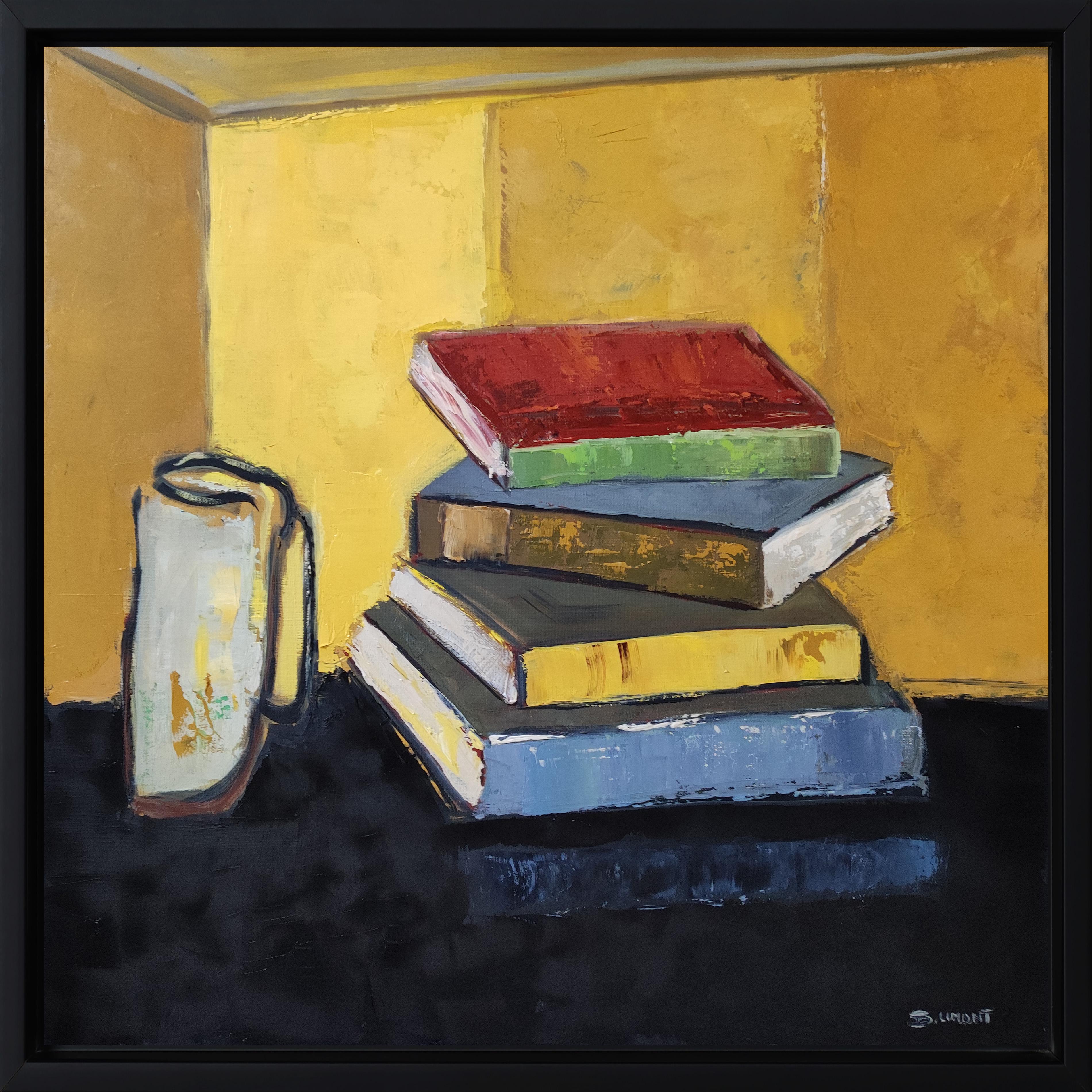Pages d'équilibre, Still life, Books, Yellow, Expressionism, French Contemporary - Painting by SOPHIE DUMONT