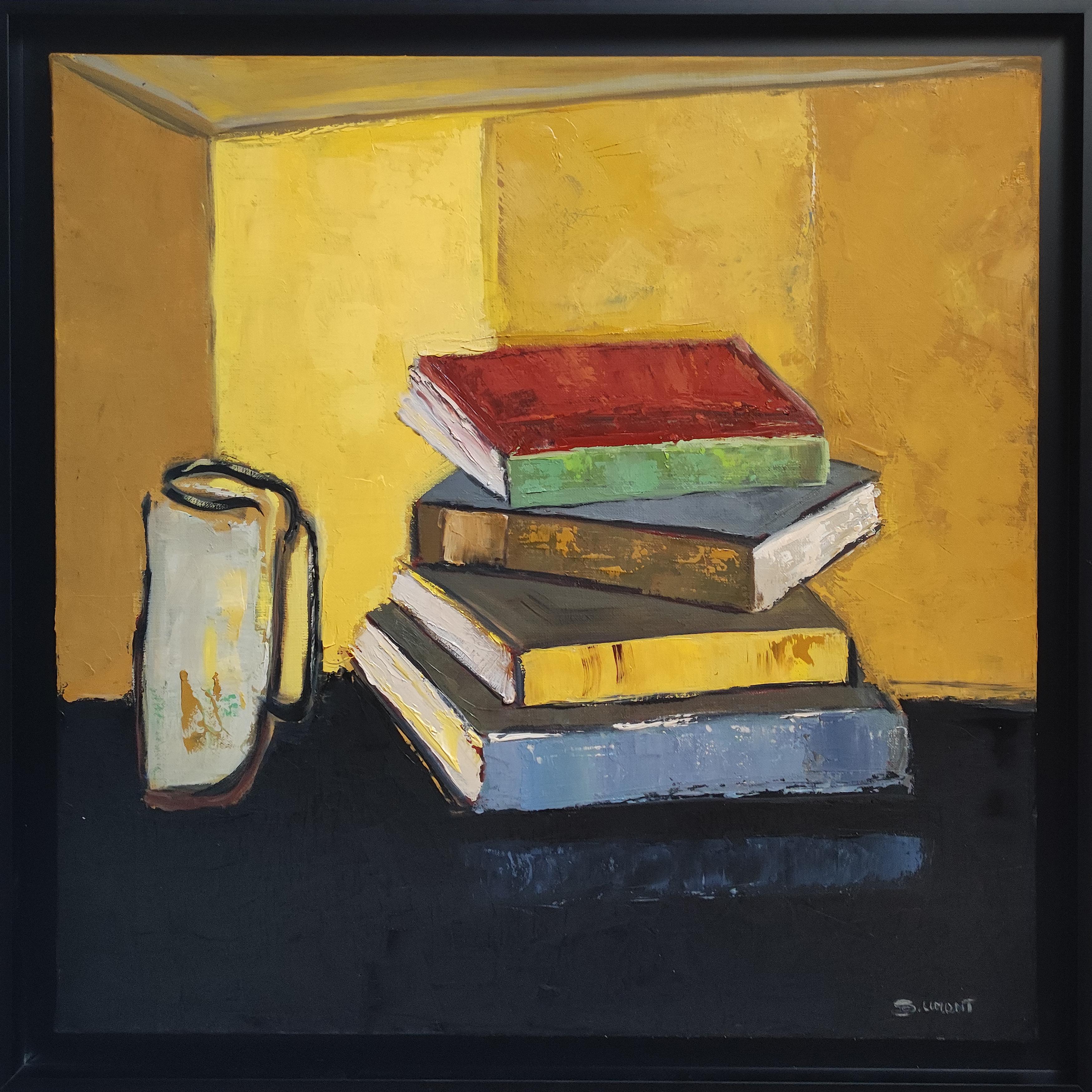 SOPHIE DUMONT Still-Life Painting - Pages d'équilibre, Still life, Books, Yellow, Expressionism, French Contemporary
