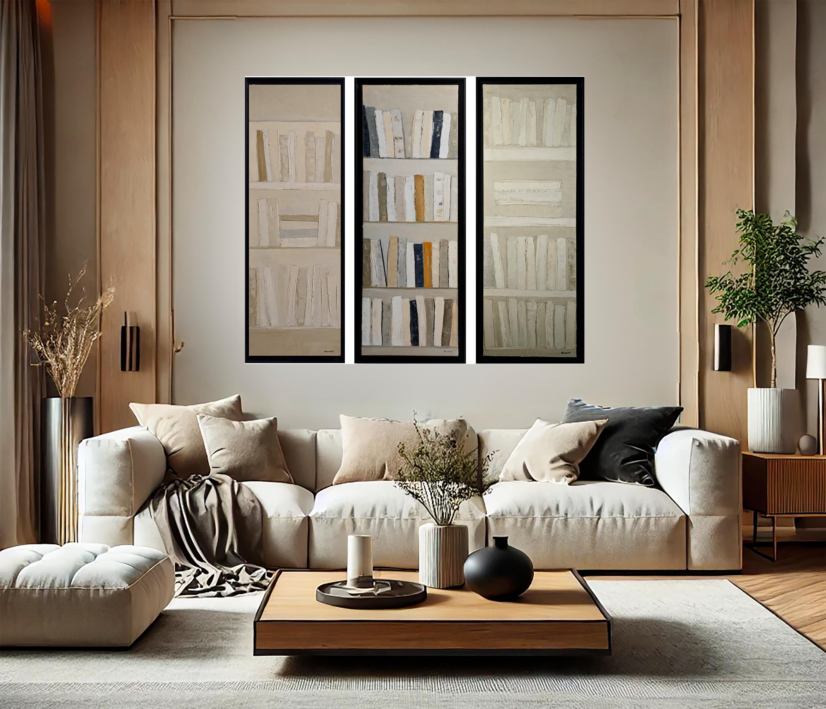 Pagine, Trittico, Astratto, Biblioteca, Libri, Espressionismo, Texture, Contemporaneo - Painting di SOPHIE DUMONT