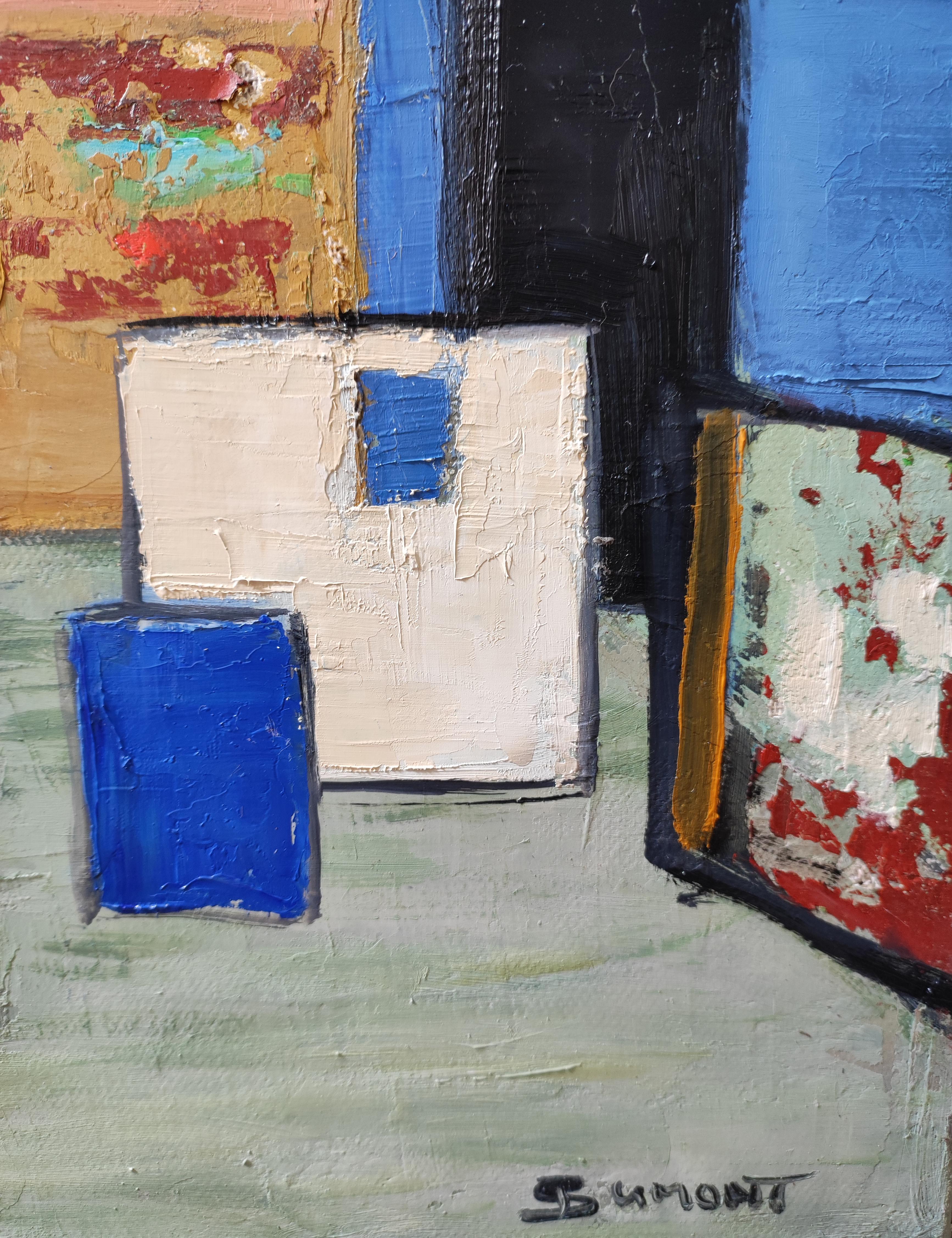 Medium: Oil on linen canvas
Canvas size: 30 x 30 cm (11.81 x 11.81 in)
Framed size: 37 x 37 cm (14.56 x 14.56 in)
Frame: American box frame in natural wood 
Year: 2025
Style: Abstract, studio interior, color composition
Category: Contemporary