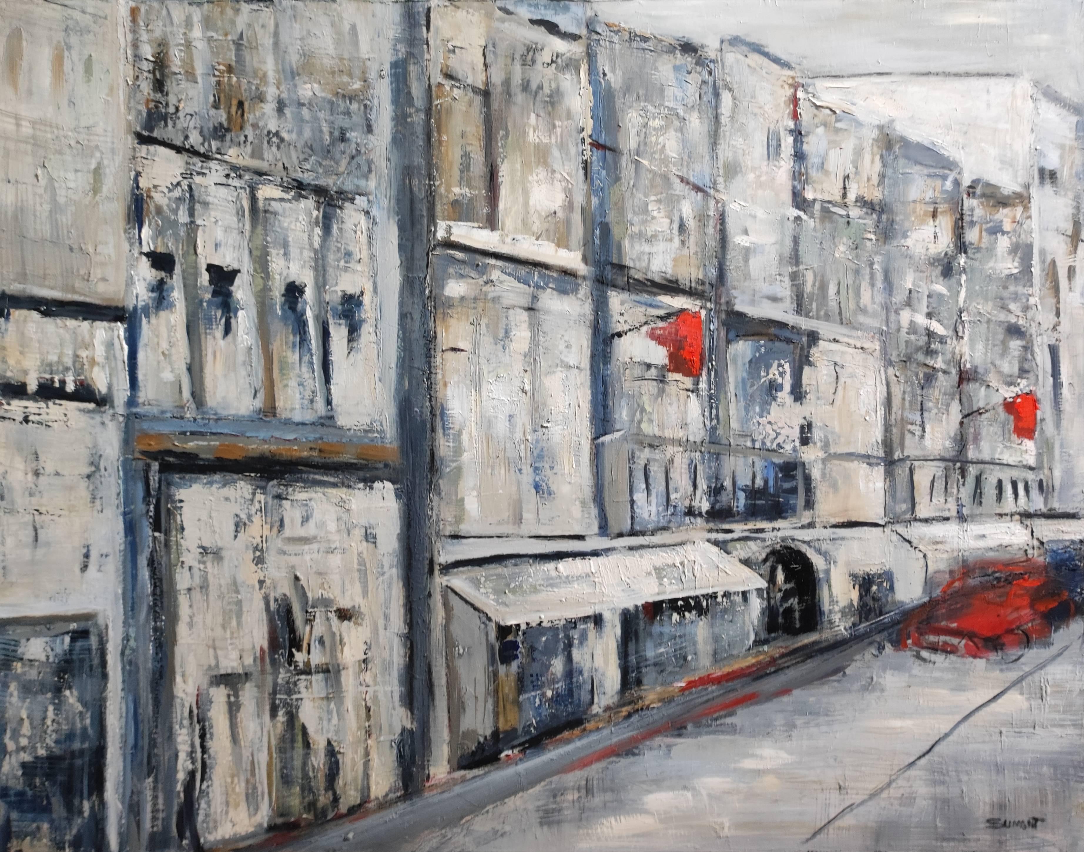 Paris 2020, oil on canvas street scene, grey figurative, expressionism; texture - Painting by SOPHIE DUMONT