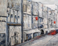 2020 Paris, Original Oil  street scene, Gray figurative, Expressionism, Textured
