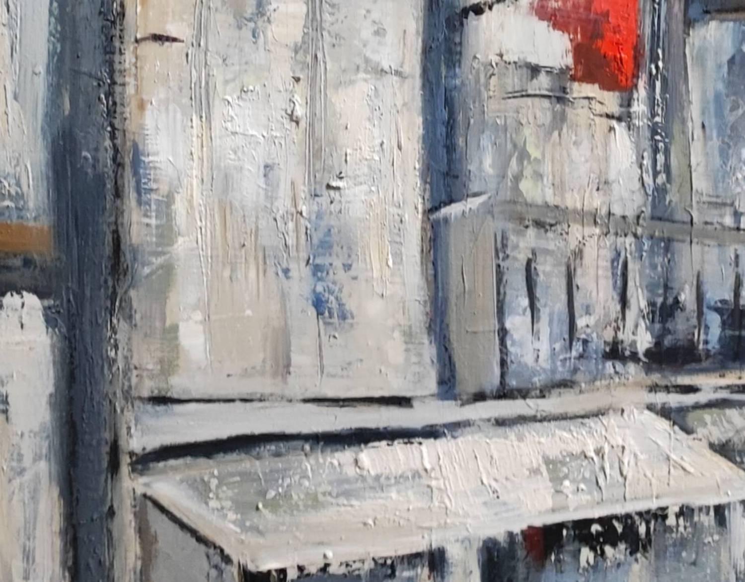 Paris 2020, huile sur toile, scène de rue, figuration grise, expressionnisme ; texture en vente 2