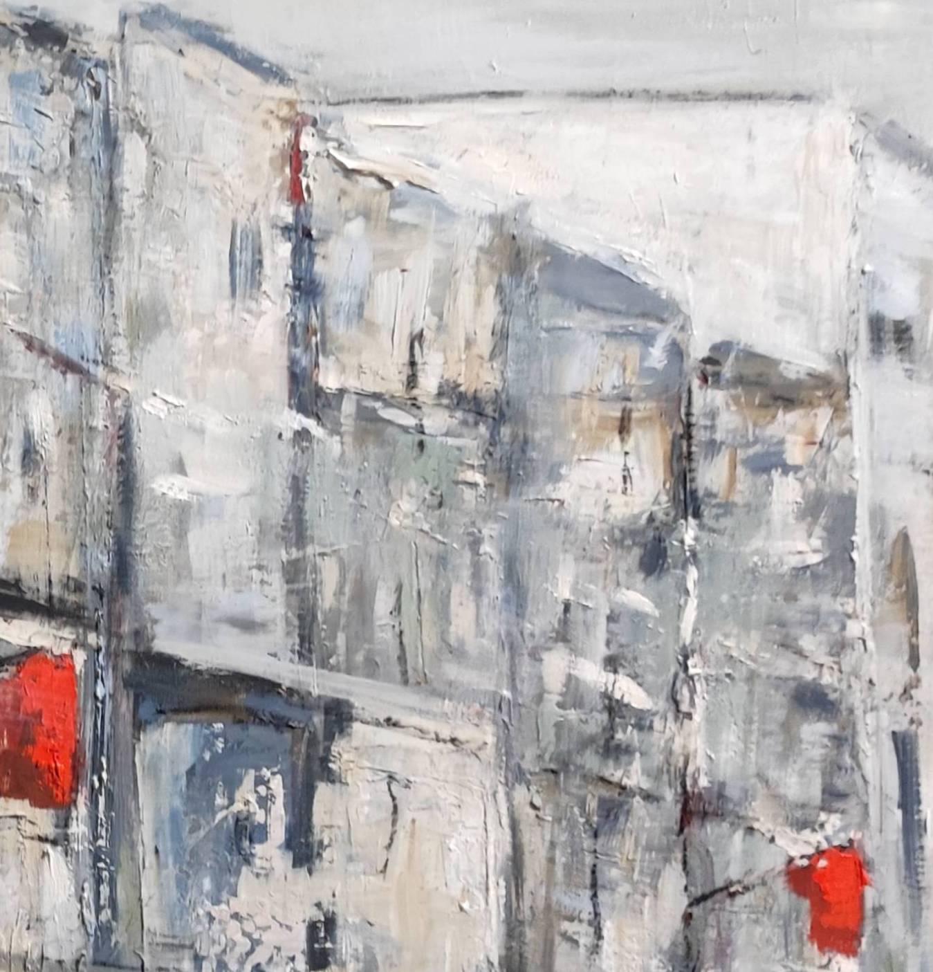 Paris 2020, huile sur toile, scène de rue, figuration grise, expressionnisme ; texture en vente 4