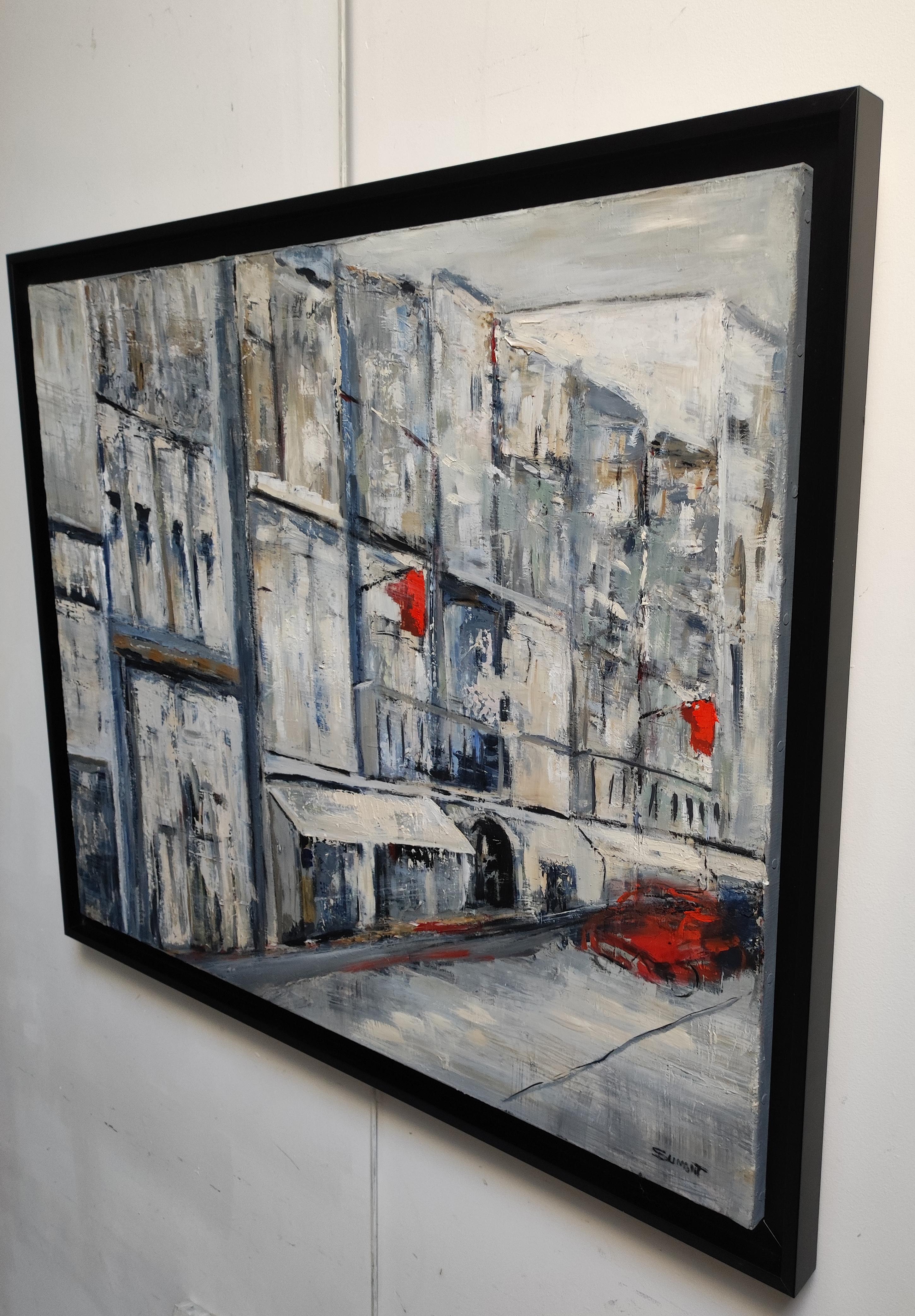 Street scene in shades of gray and blue during the 2020 confinement with its deserted streets. Very oil and knife work. The artist made this canvas as a testimony to this very special year... The red flags light up the canvas and seem to alert the
