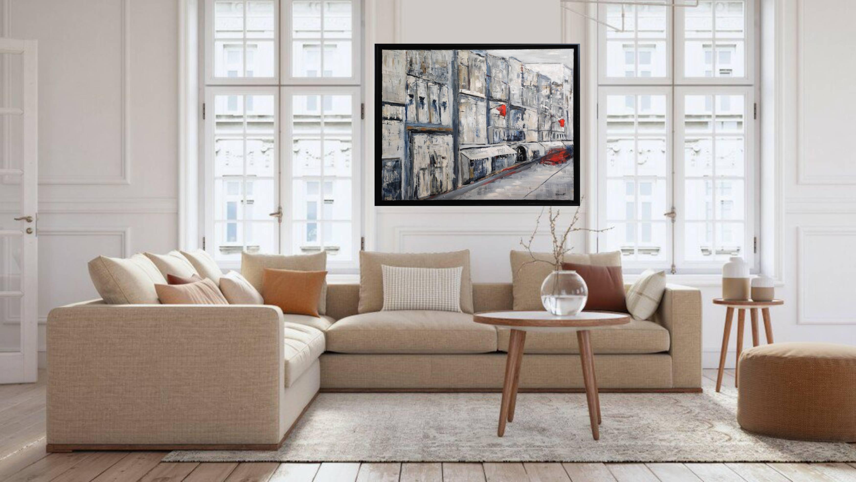 Street scene in shades of gray and blue during the 2020 confinement with its deserted streets. Very oil and knife work. The artist made this canvas as a testimony to this very special year... The red flags light up the canvas and seem to alert the