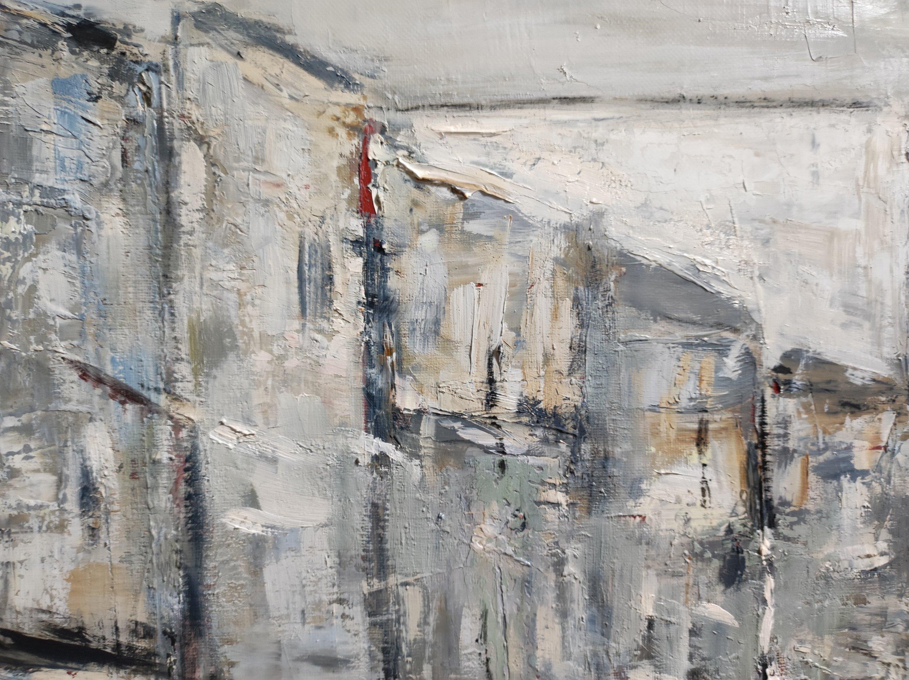 Paris 2020, huile sur toile, scène de rue, figuration grise, expressionnisme ; texture en vente 5