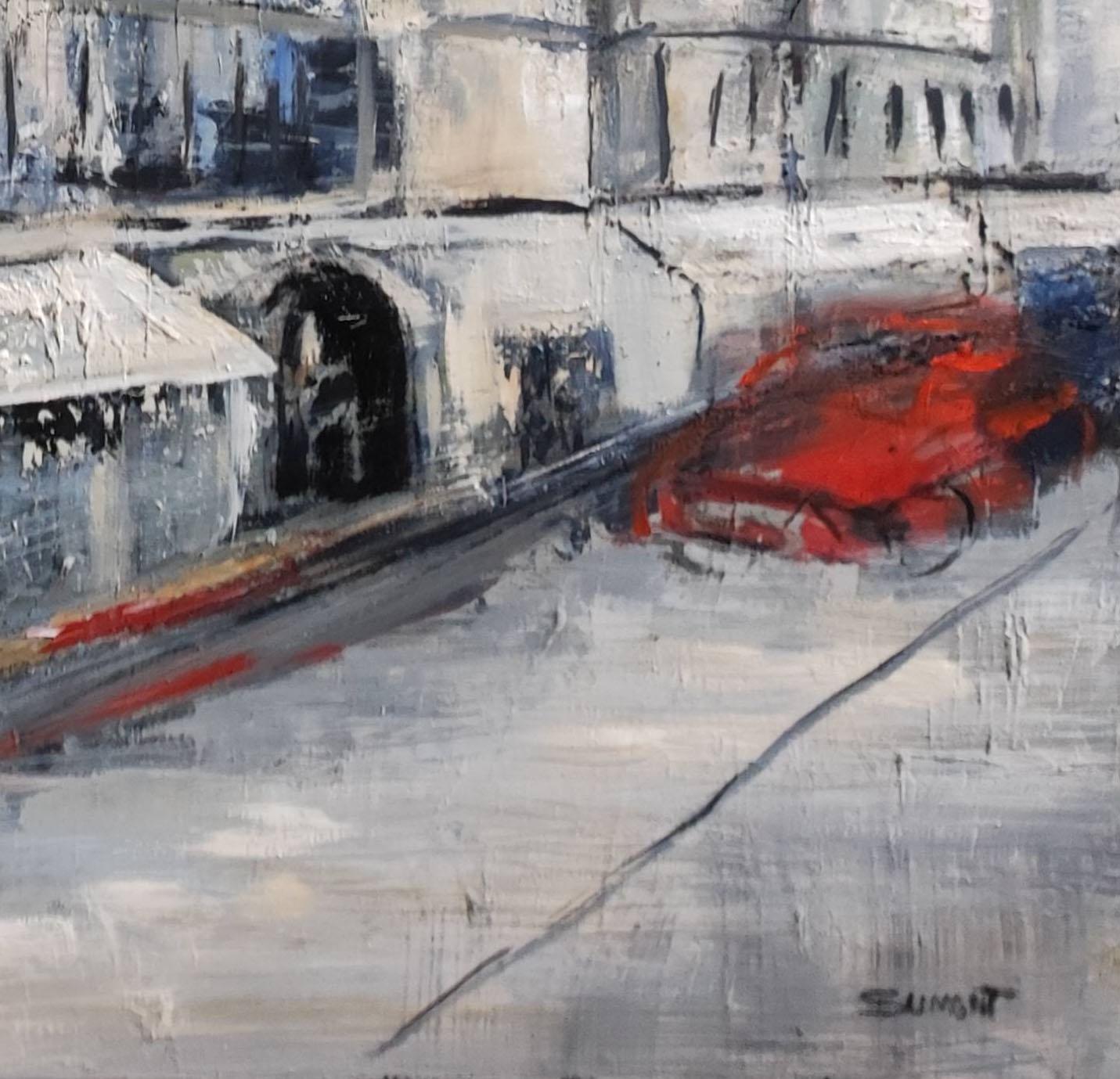 Paris 2020, oil on canvas street scene, grey figurative, expressionism; texture For Sale 6