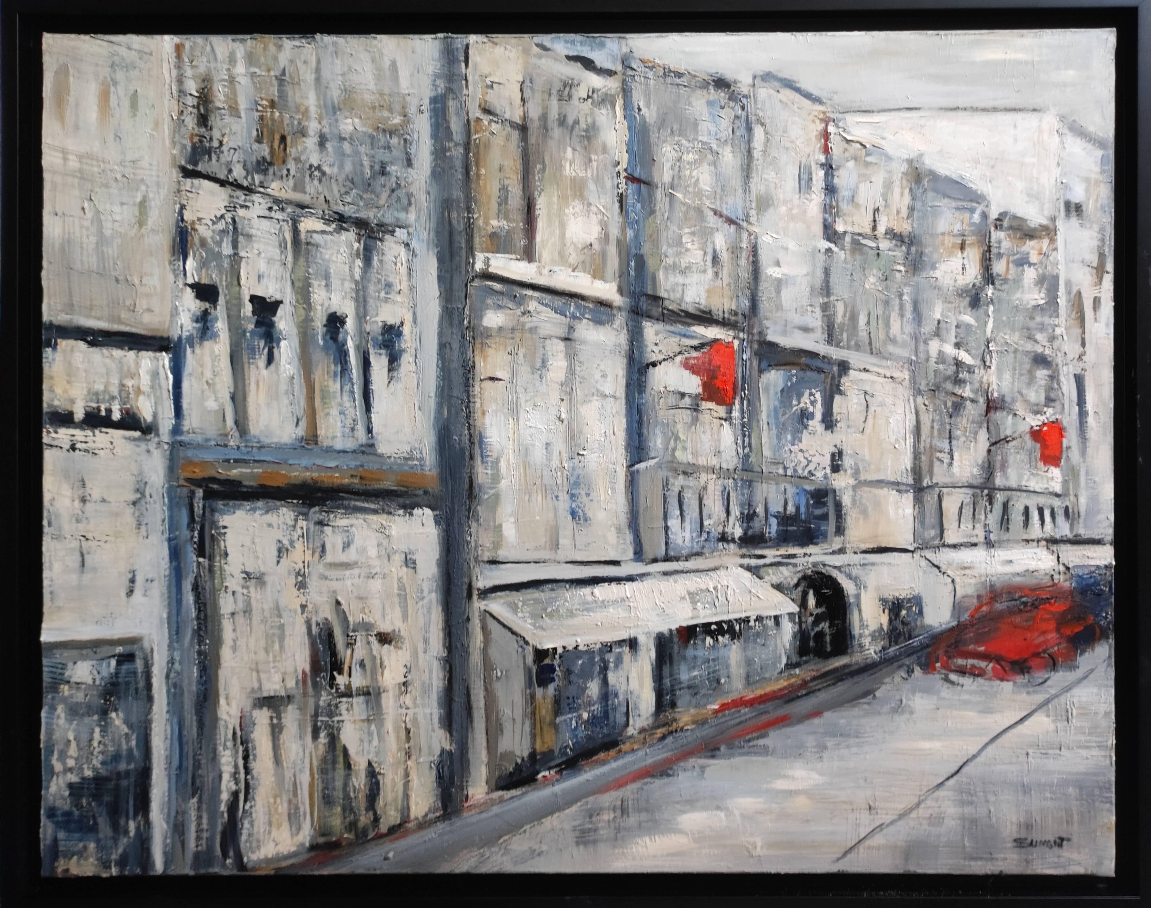 SOPHIE DUMONT Figurative Painting - Paris 2020, oil on canvas street scene, grey figurative, expressionism; texture