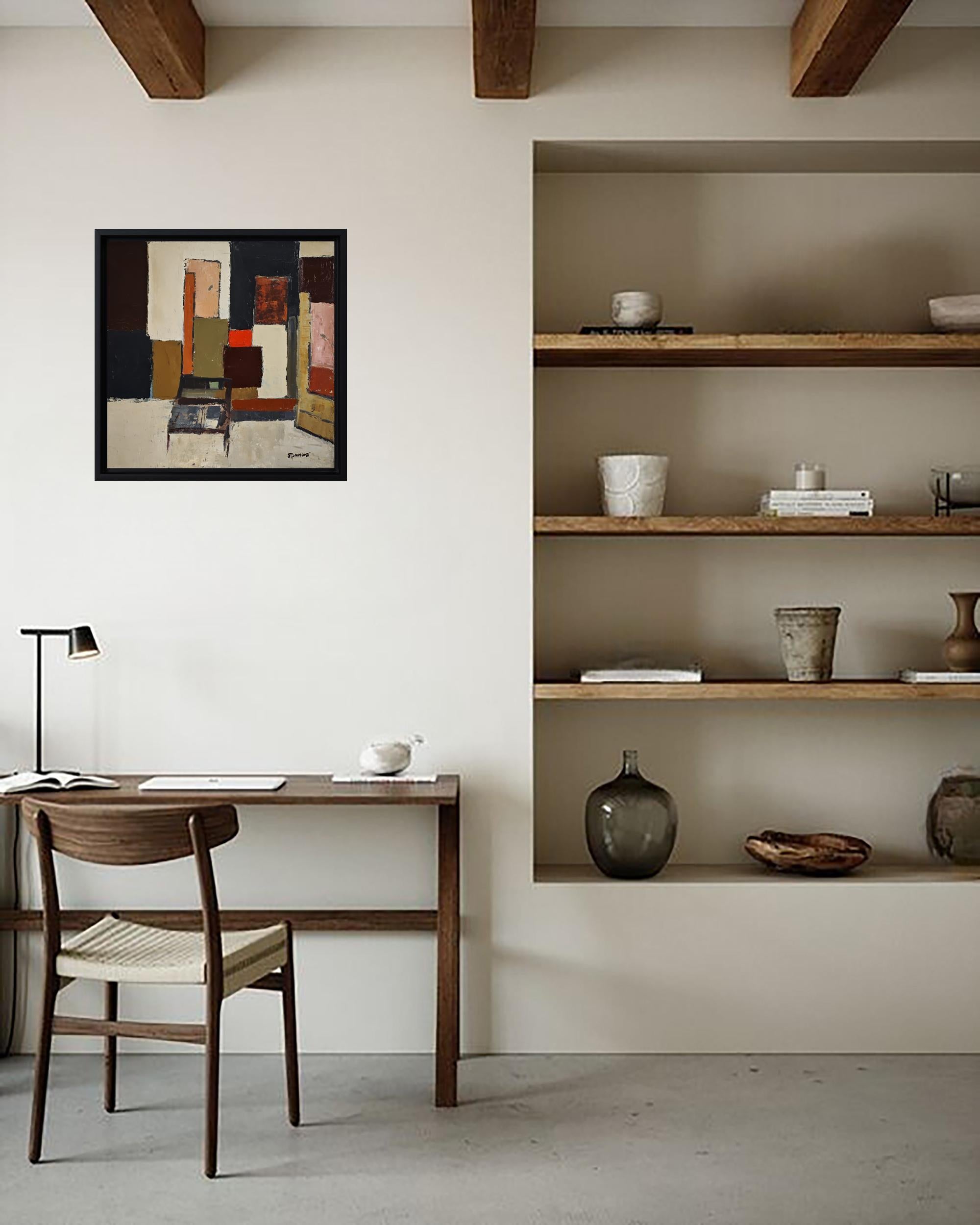 Artist: Sophie Dumont
Title: Partition Intérieure
Medium: Oil on linen canvas
Canvas size: 40 x 40 cm (15.75 x 15.75 in)
Framed size: 47 x 47 cm (18.5 x 18.5 in)
Frame: American box frame (choice of black or natural wood)
Year: 2025
Style: Abstract,