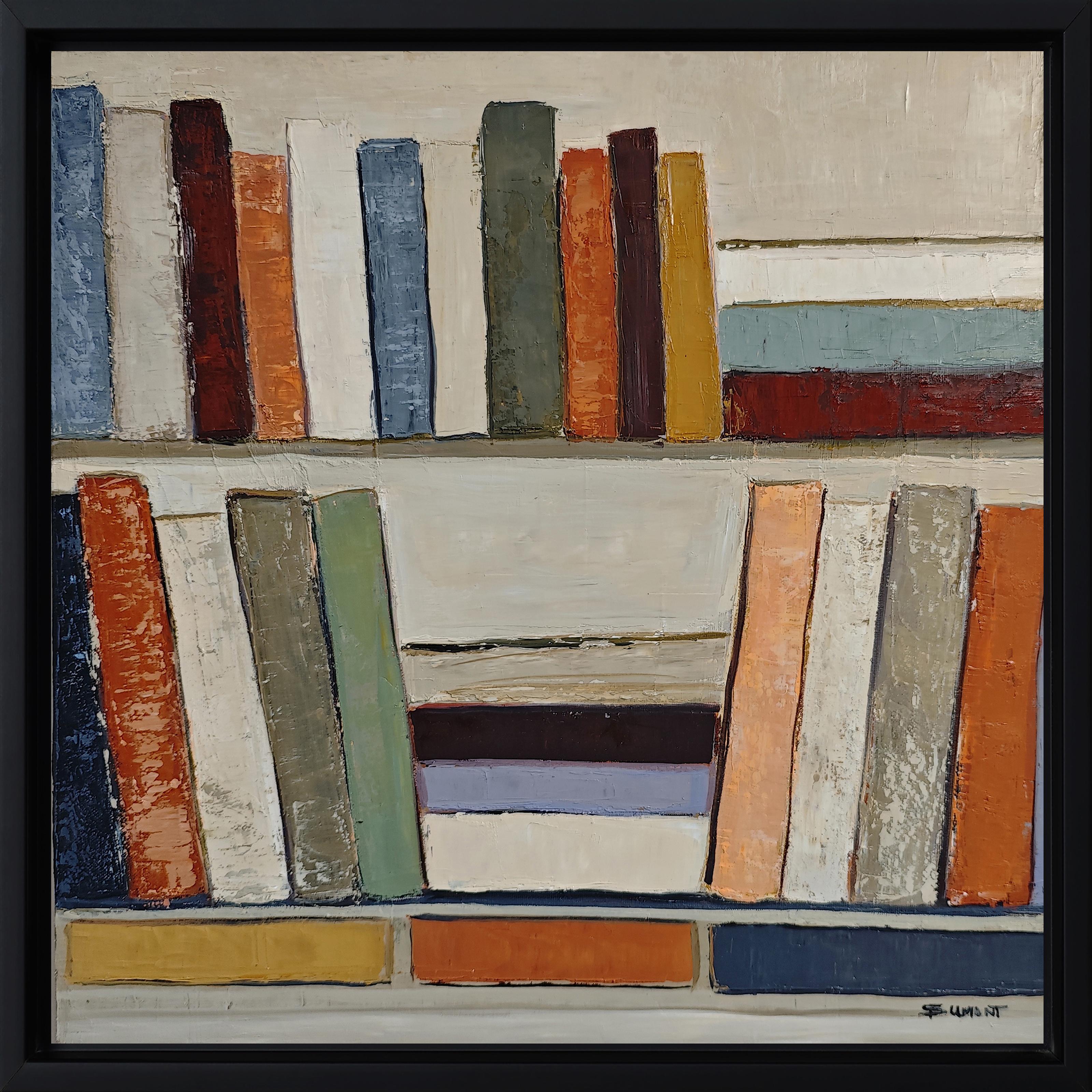 Partition silencieuse 2- Abstract Bookshelf Oil Painting by French Sophie Dumont