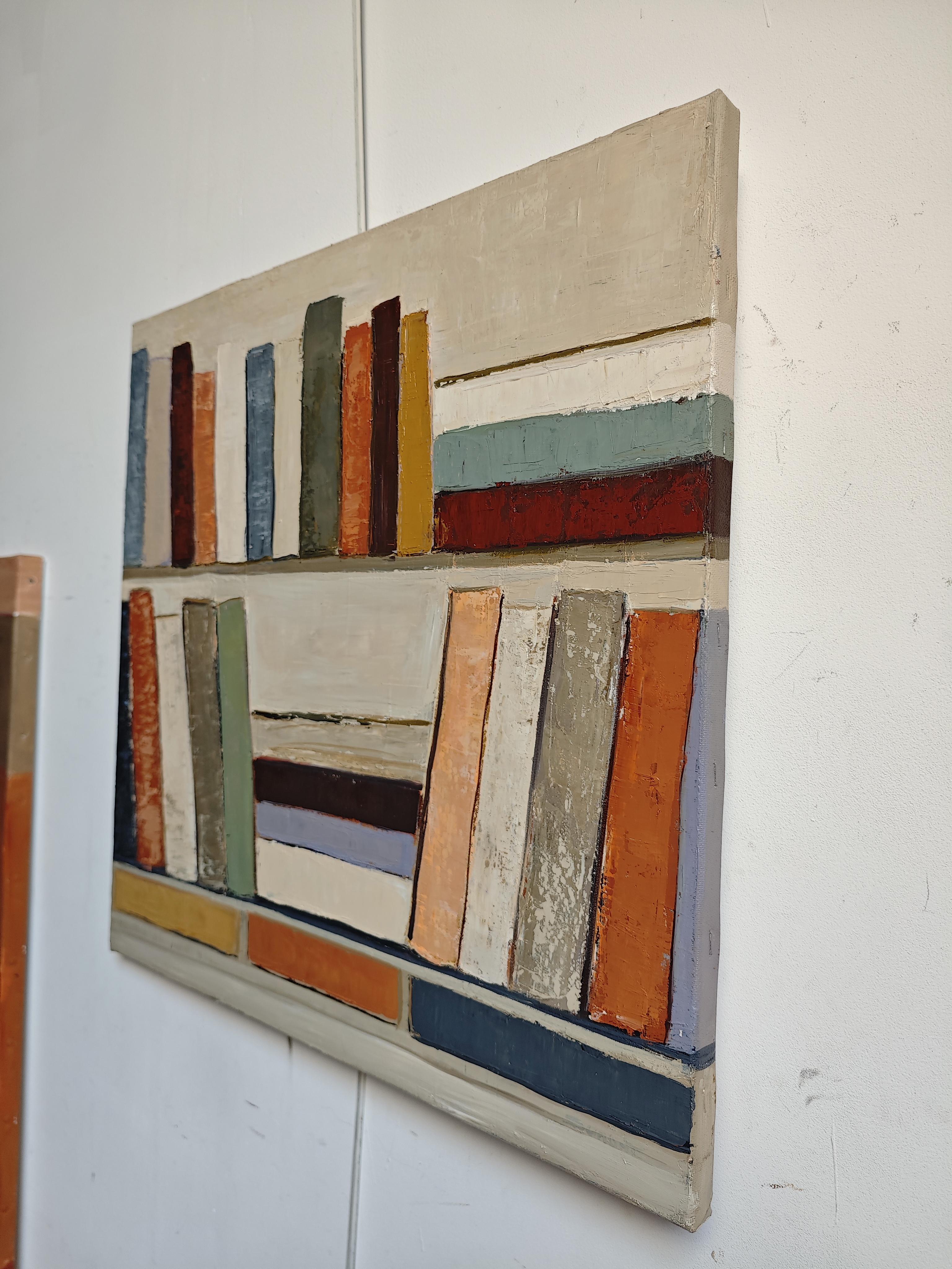 Partition silencieuse 2- Abstract Bookshelf Oil Painting by French Sophie Dumont For Sale 9