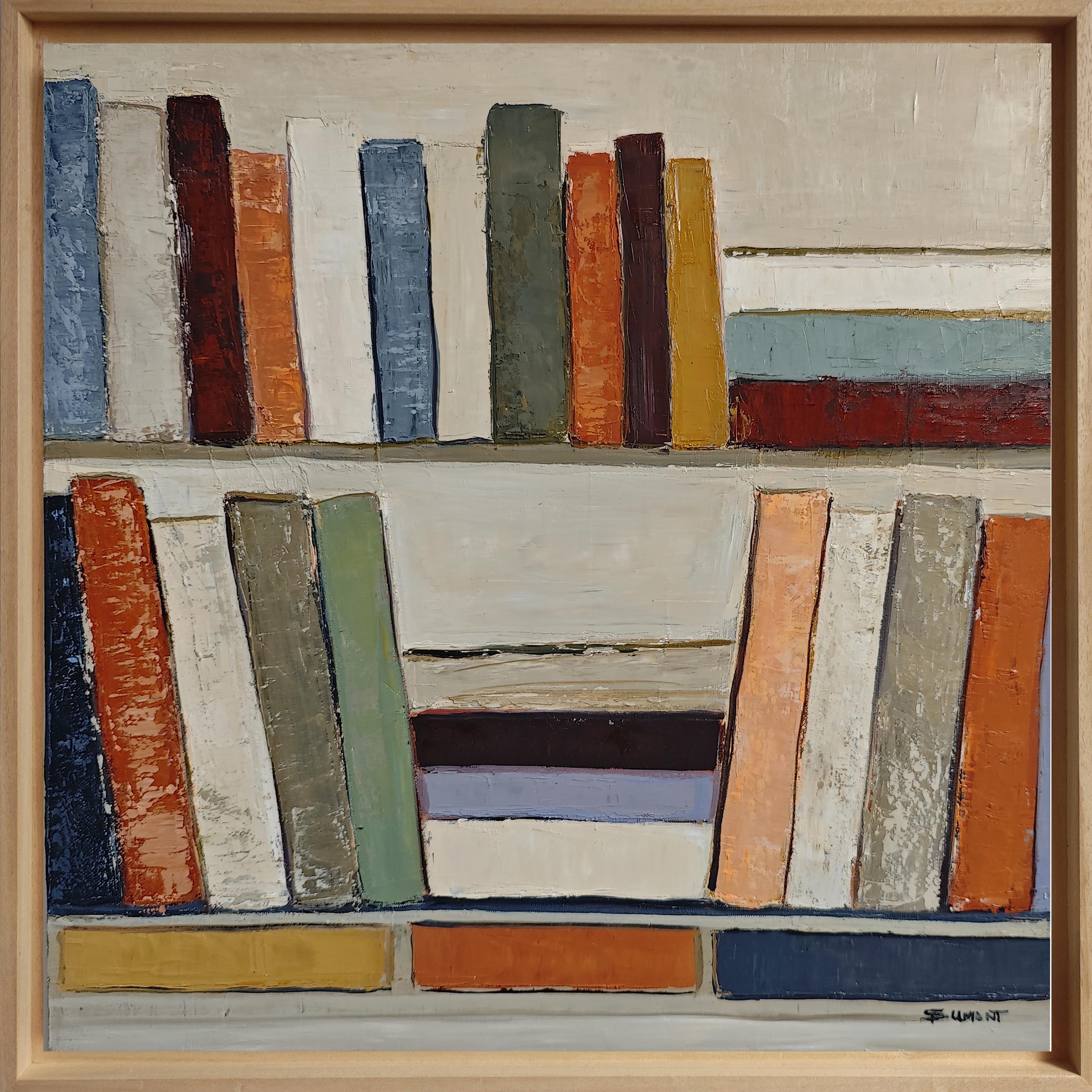 SOPHIE DUMONT Abstract Painting - Partition silencieuse 2- Abstract Bookshelf Oil Painting by French Sophie Dumont