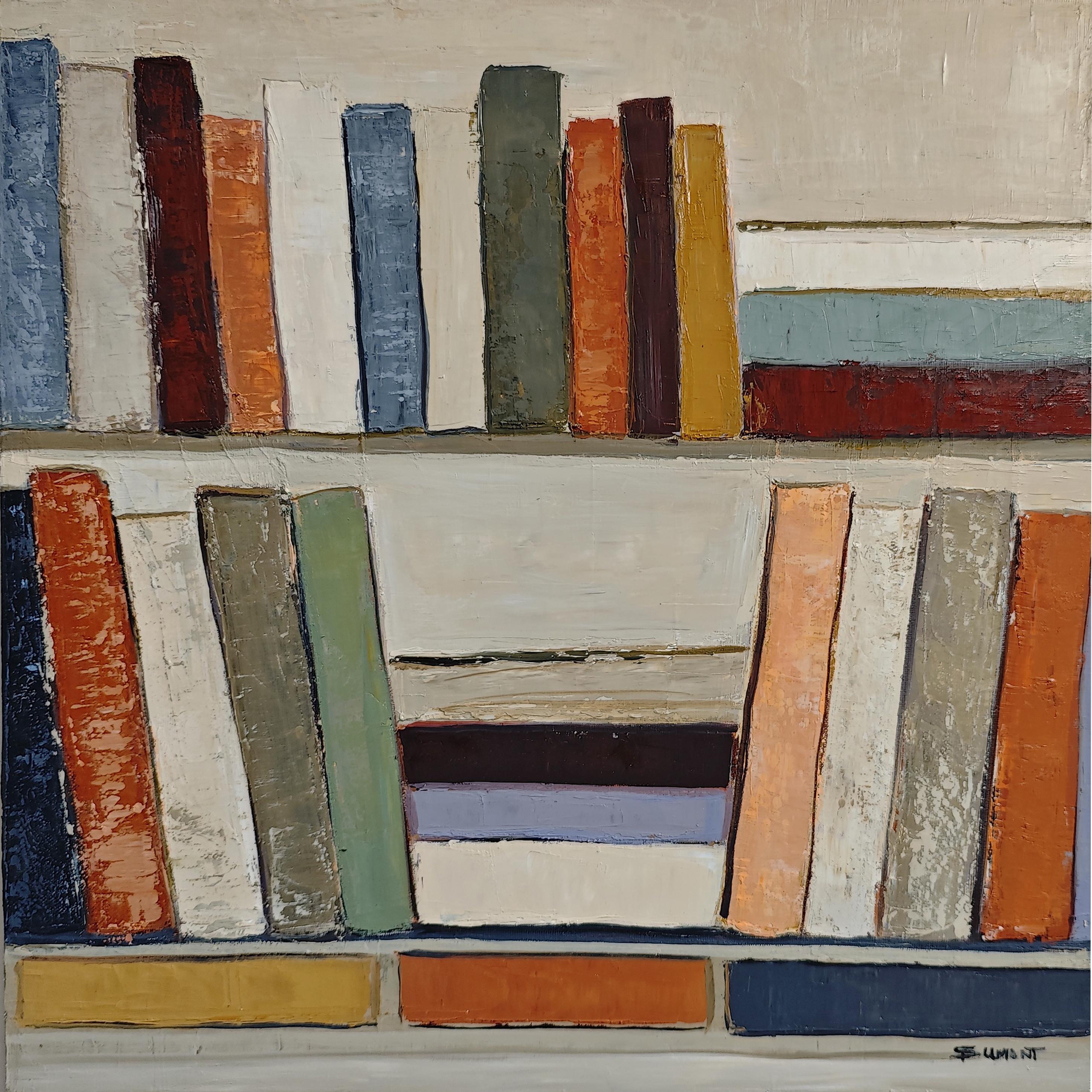 Abstract bookshelf oil painting by French contemporary artist Sophie Dumont, Partition Silencieuse transforms the image of a library into a visual rhythm — a poetic dialogue between structure, silence, and memory. Known for her stylized compositions