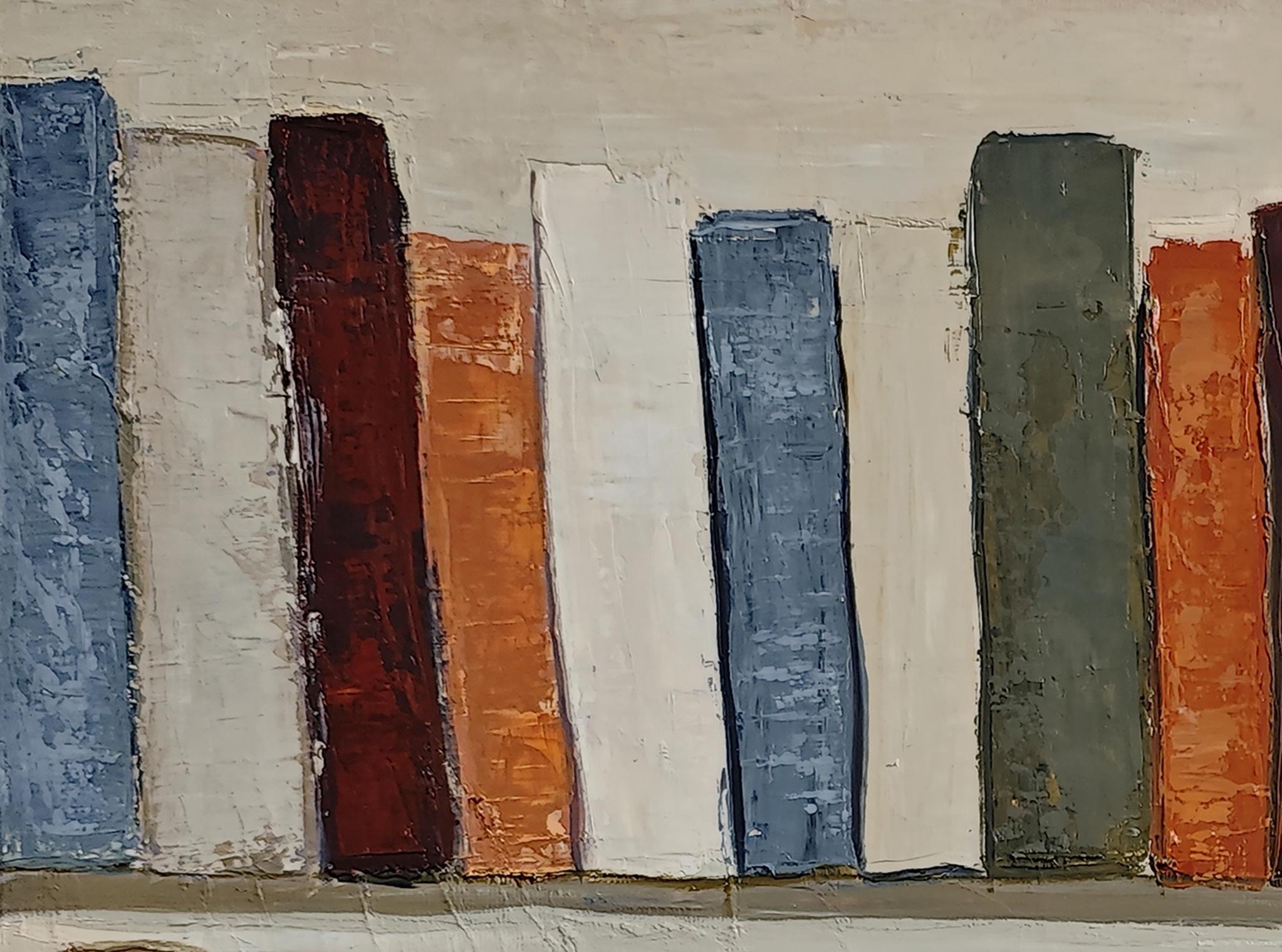 Partition silencieuse 2- Abstract Bookshelf Oil Painting by French Sophie Dumont For Sale 1