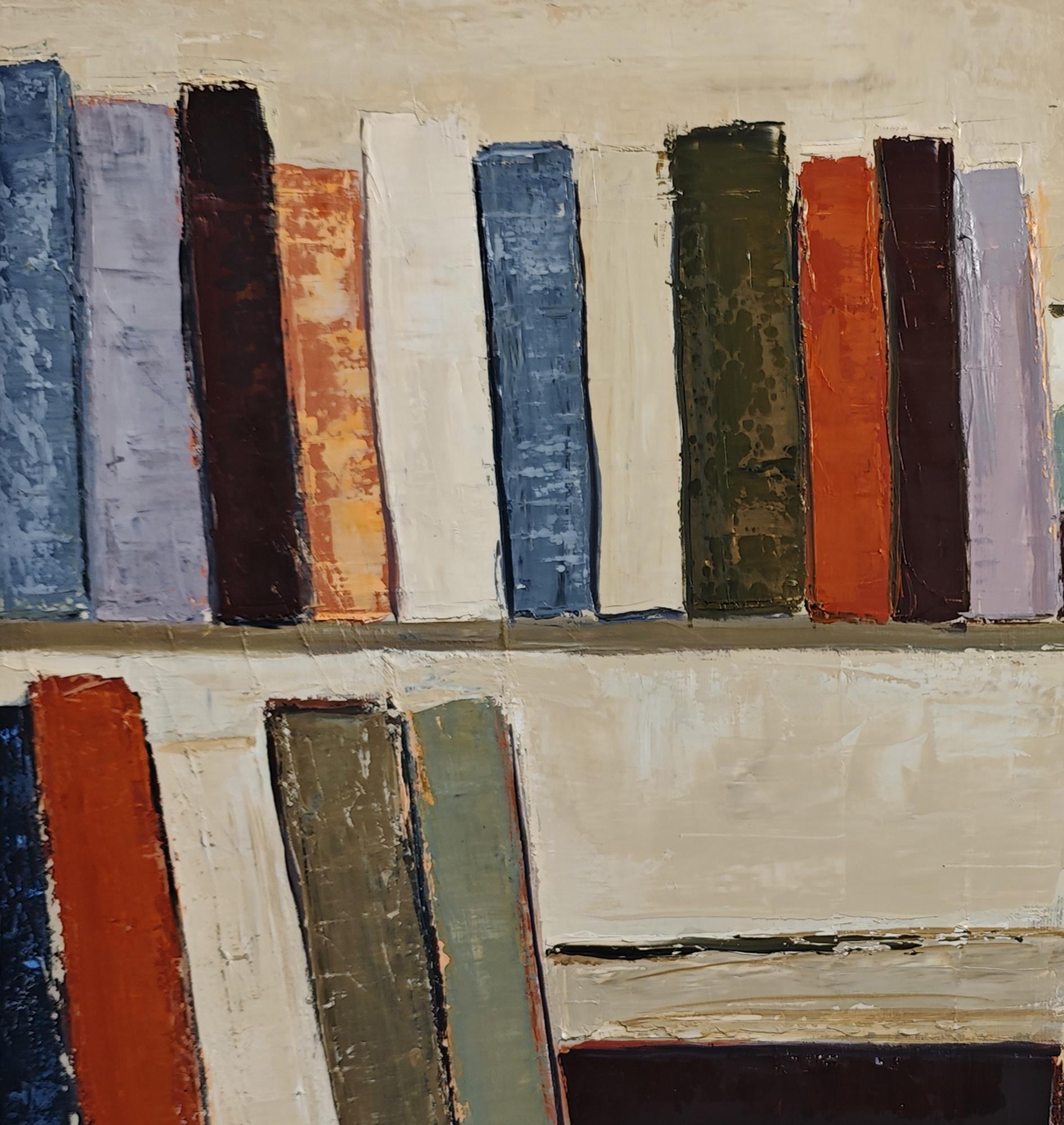 Partition silencieuse 2- Abstract Bookshelf Oil Painting by French Sophie Dumont For Sale 6