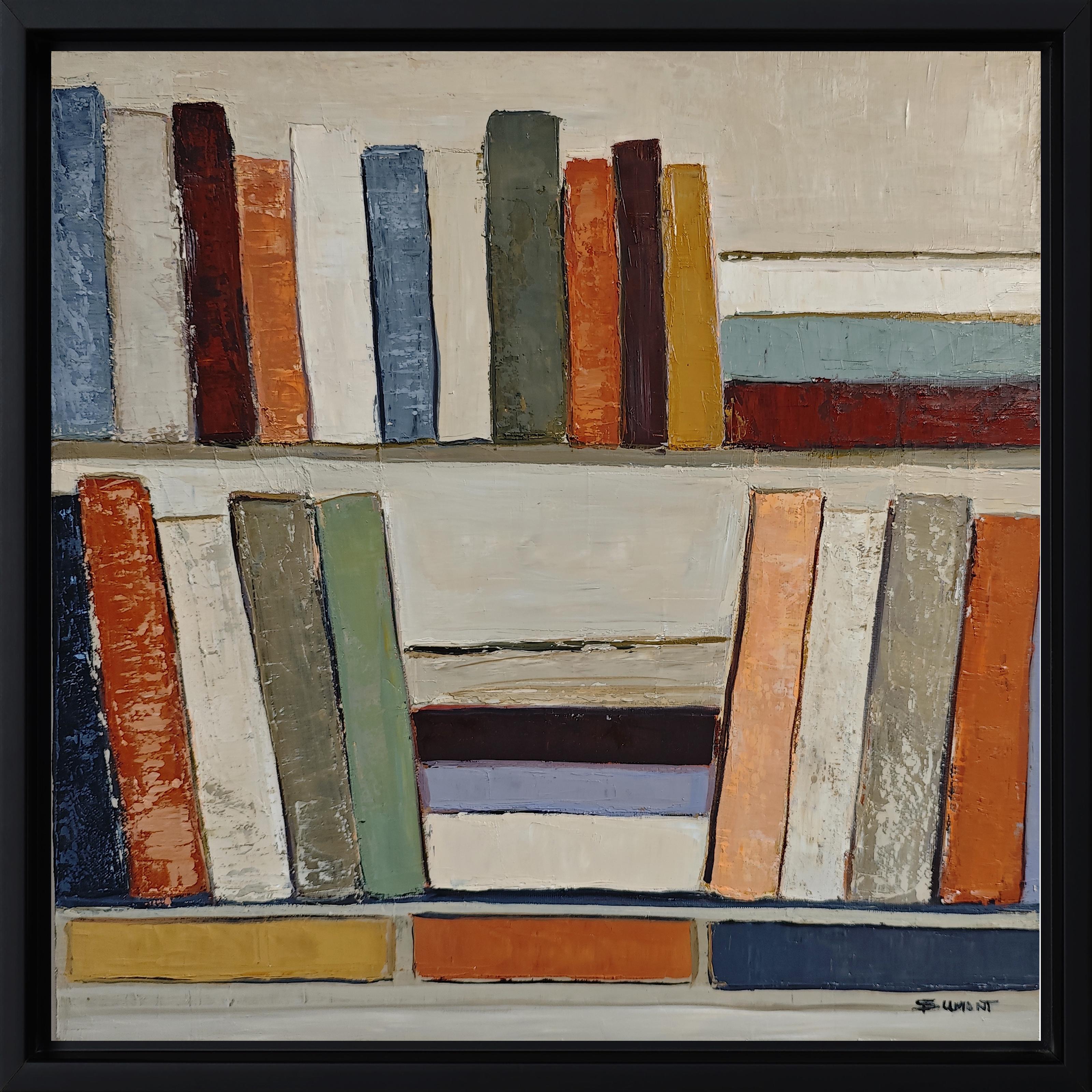 Partition silencieuse 2- Abstract Bookshelf Oil Painting by French Sophie Dumont - Brown Abstract Painting by SOPHIE DUMONT