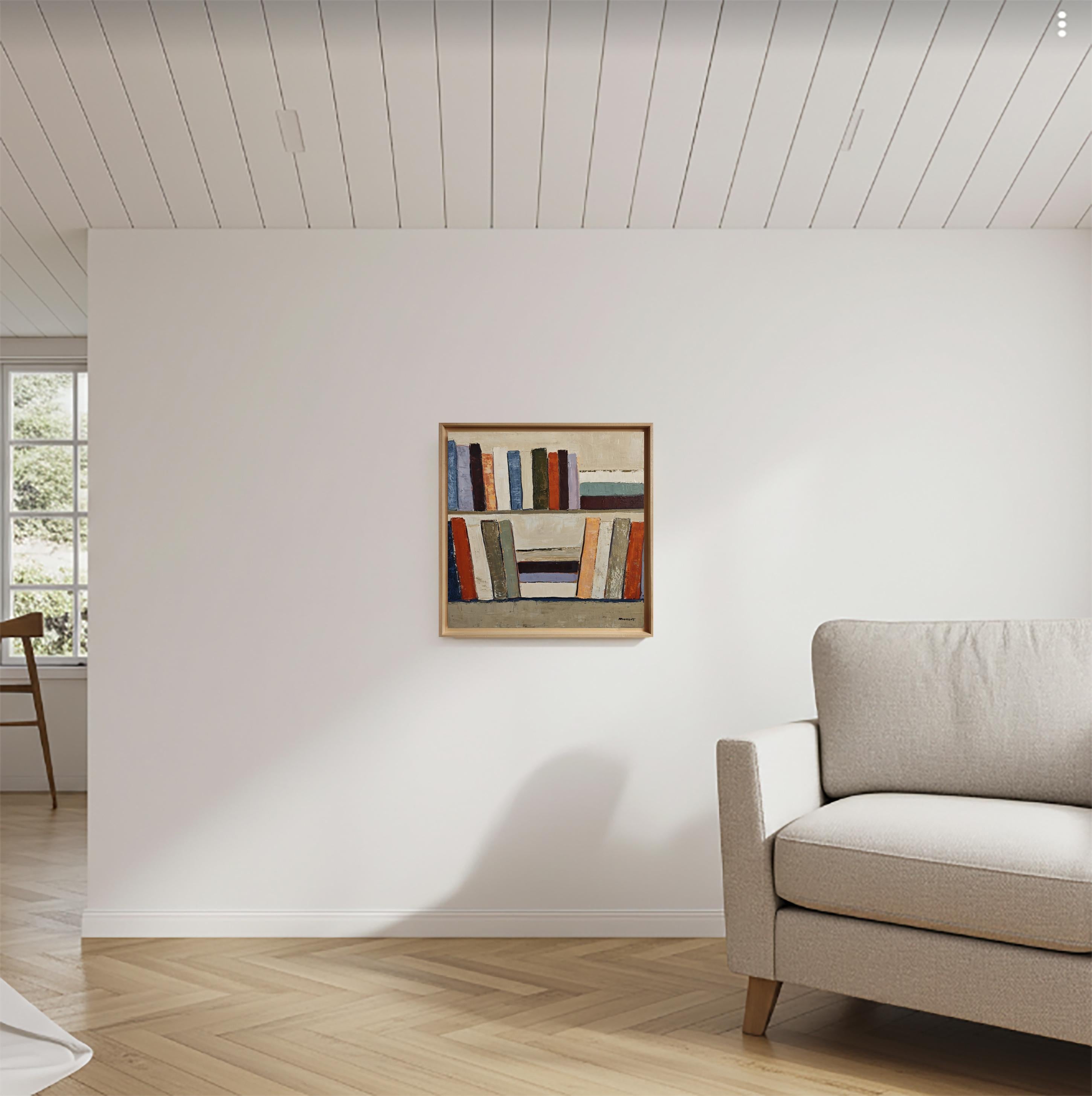 Partition silencieuse- Abstract Bookshelf Oil Painting by French Sophie Dumont - Brown Abstract Painting by SOPHIE DUMONT