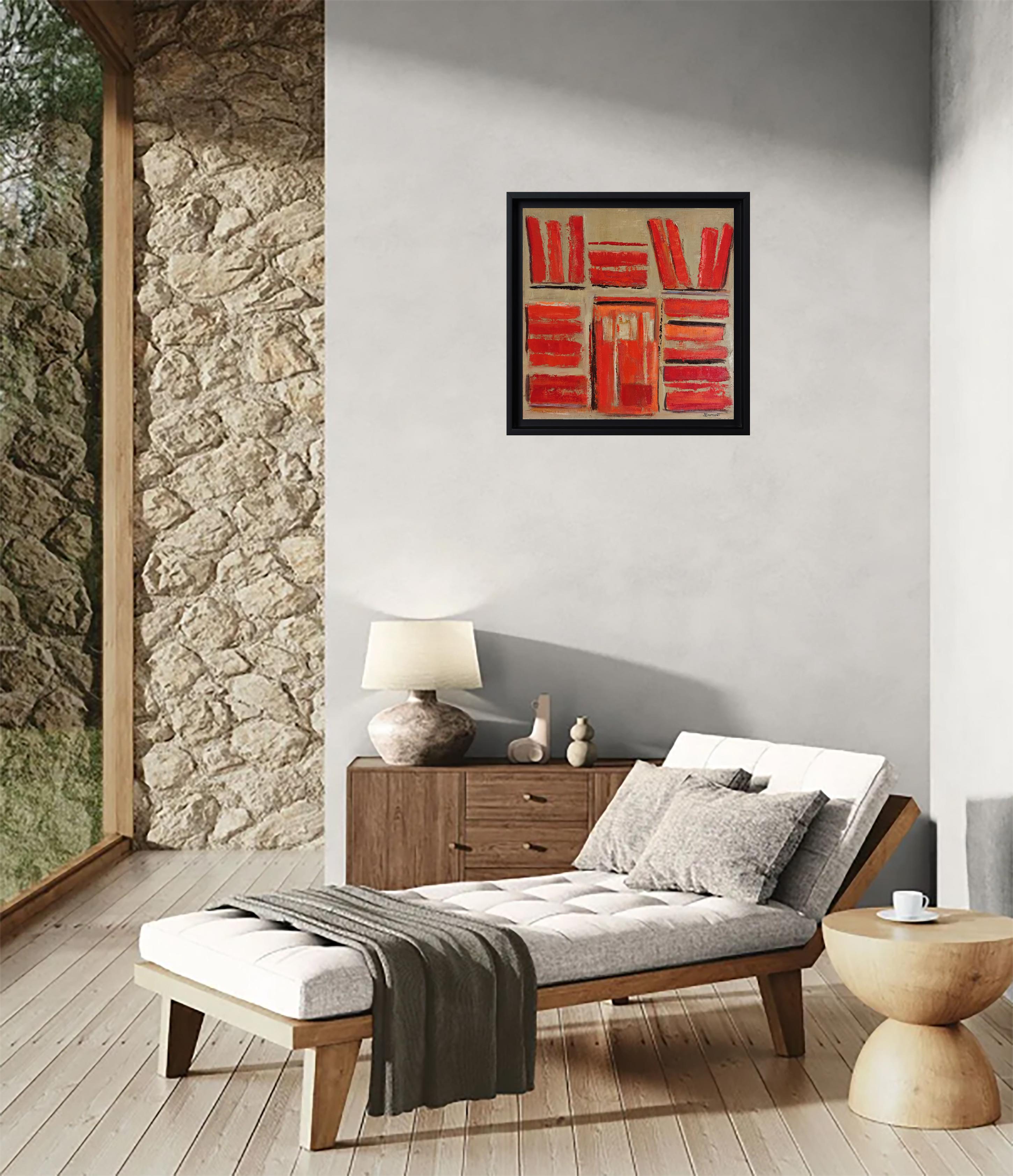 Les reliures rouges- Abstract library, textured painting, Oil on canvas For Sale 5