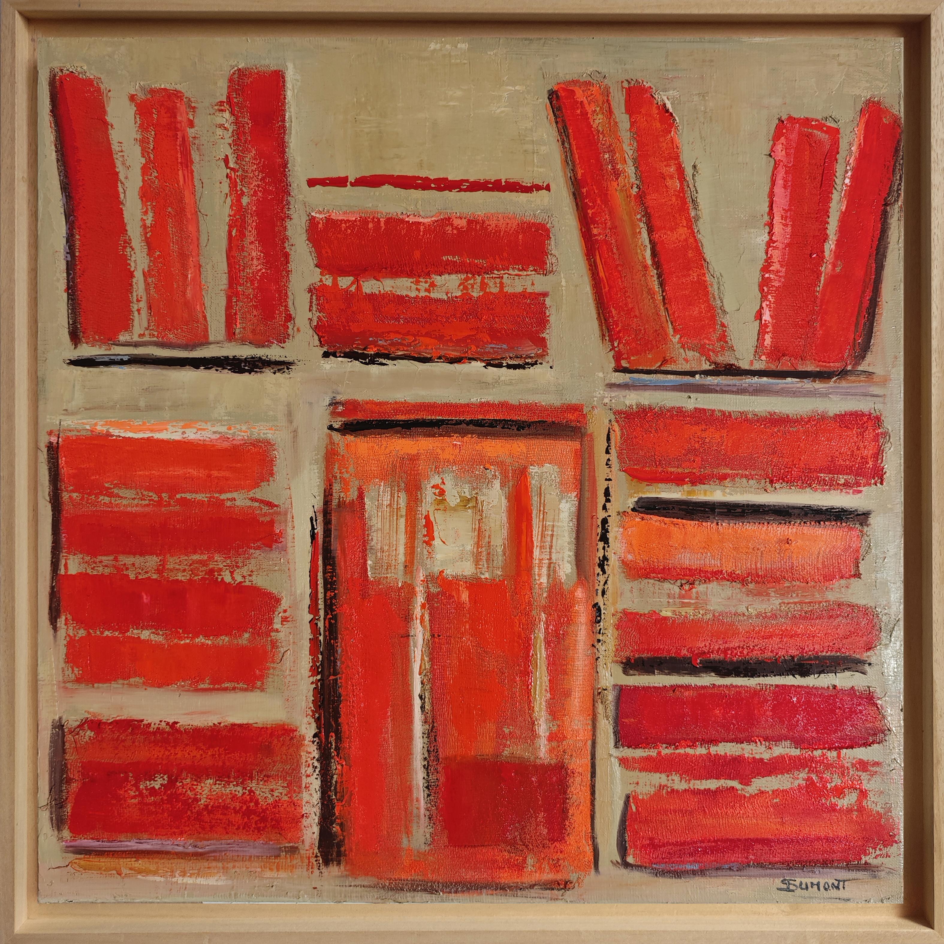 Les reliures rouges- Abstract library, textured painting, Oil on canvas For Sale 7