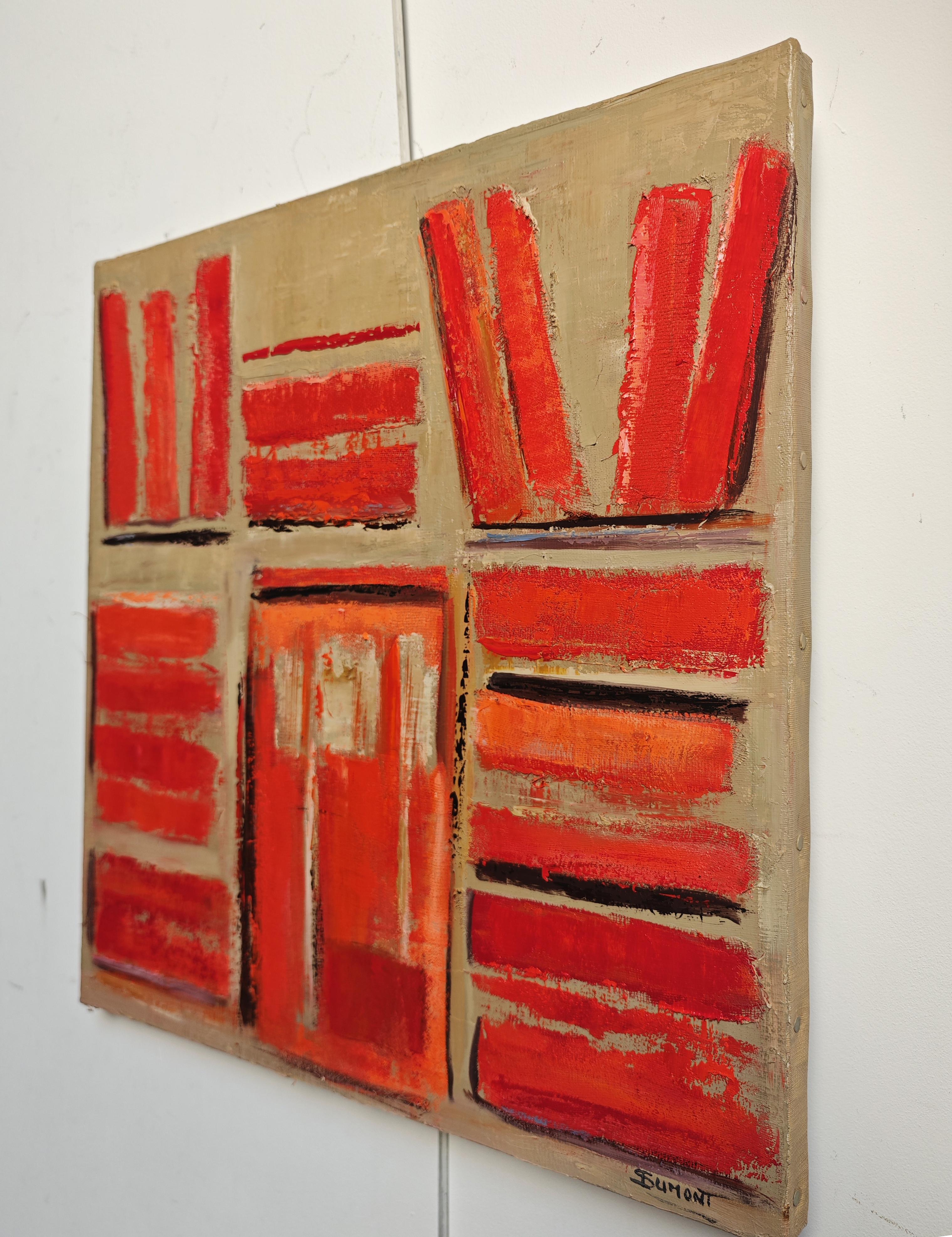 Les reliures rouges- Abstract library, textured painting, Oil on canvas - Painting by SOPHIE DUMONT