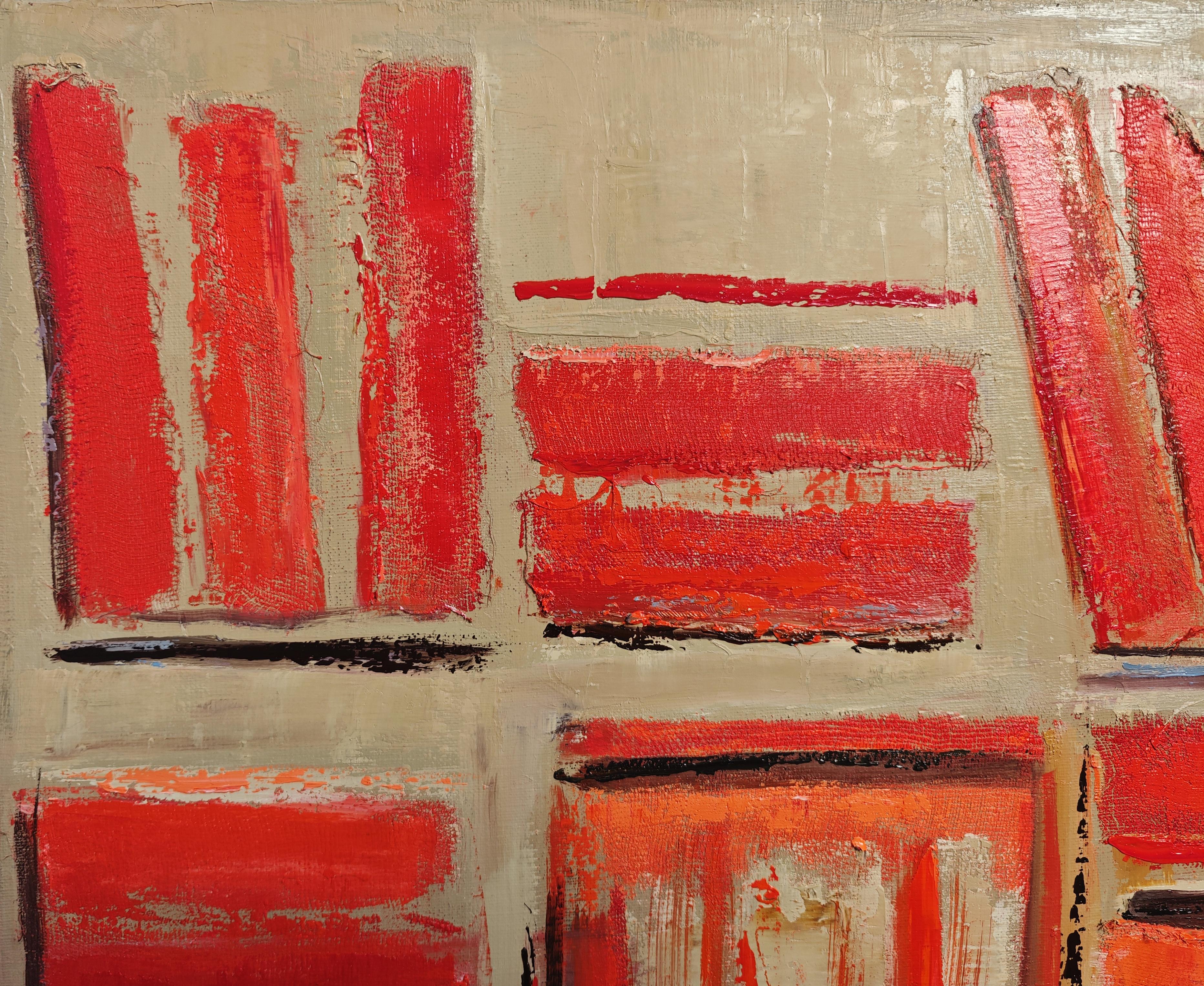 Les reliures rouges- Abstract library, textured painting, Oil on canvas - Red Still-Life Painting by SOPHIE DUMONT