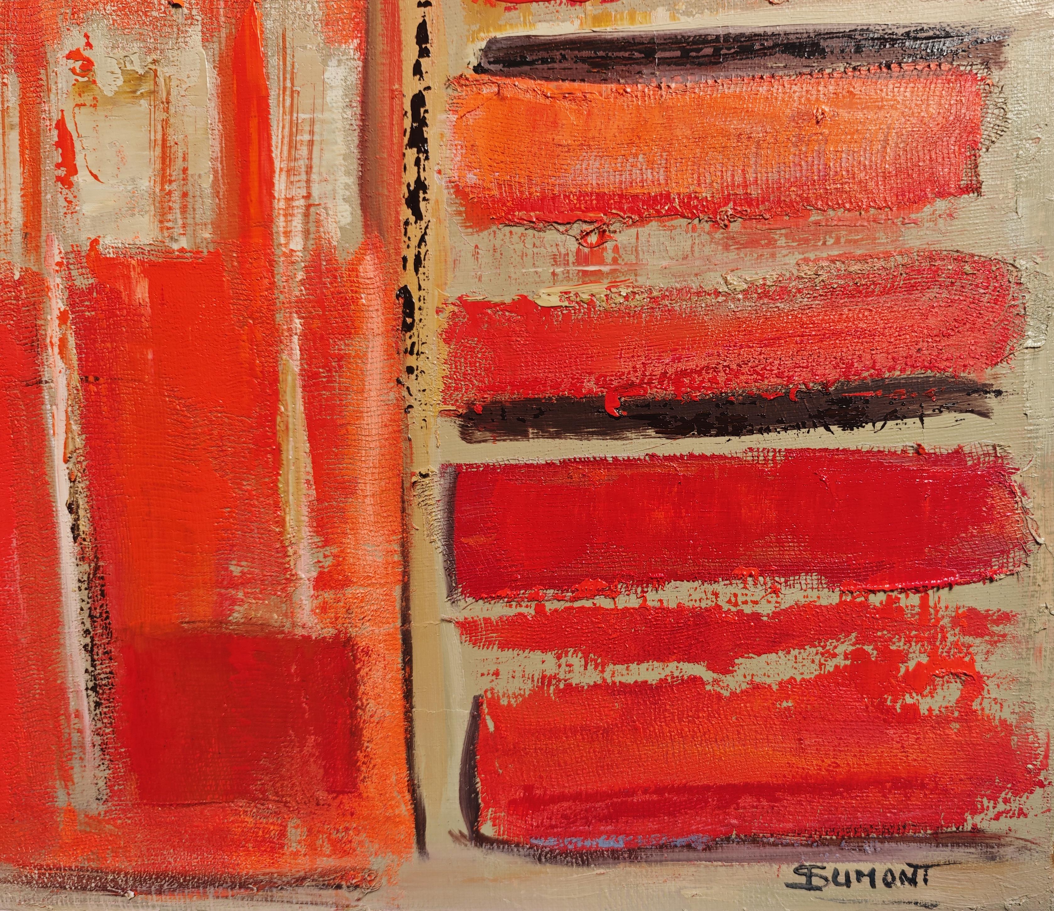 Les reliures rouges- Abstract library, textured painting, Oil on canvas For Sale 2