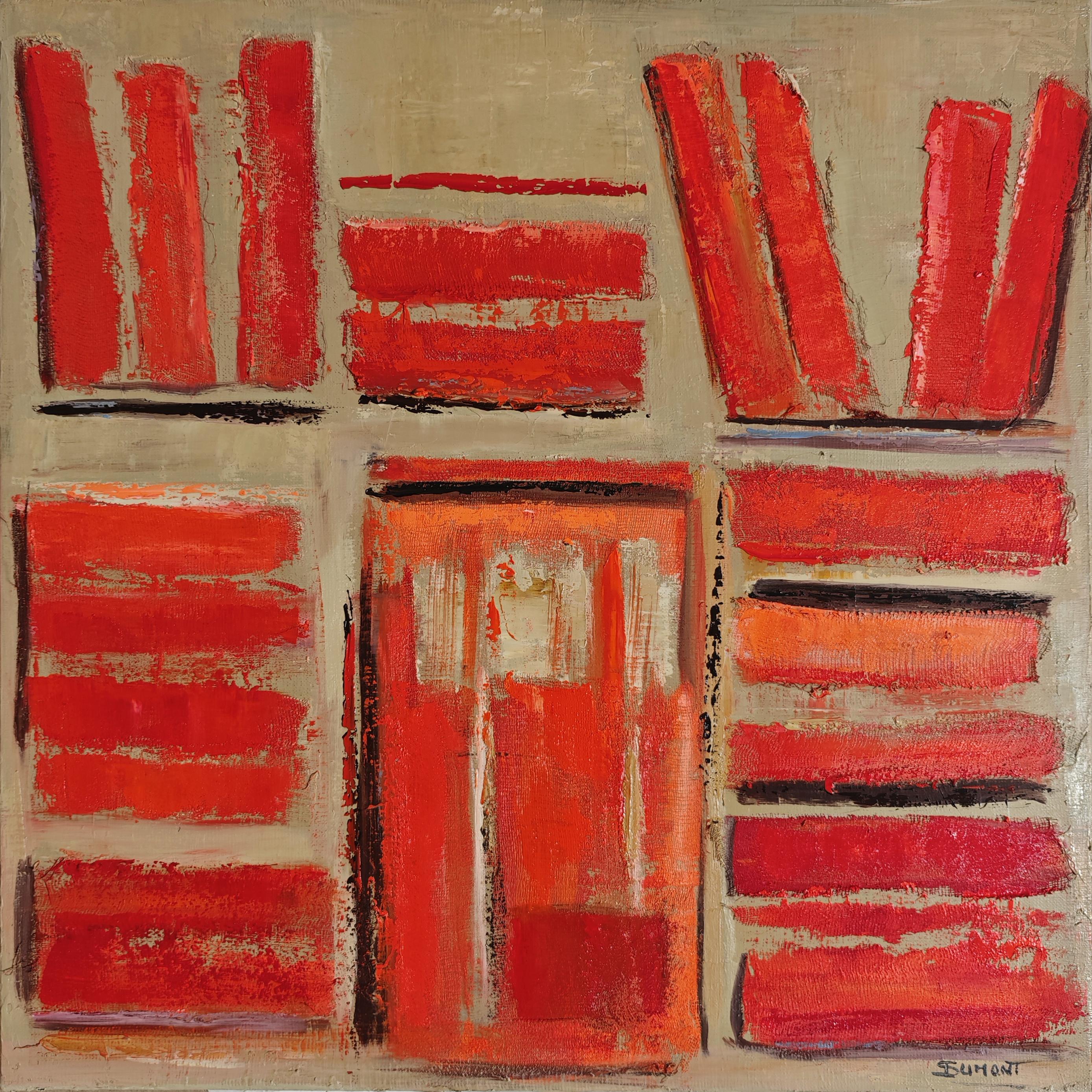 Les reliures rouges- Abstract library, textured painting, Oil on canvas For Sale 3