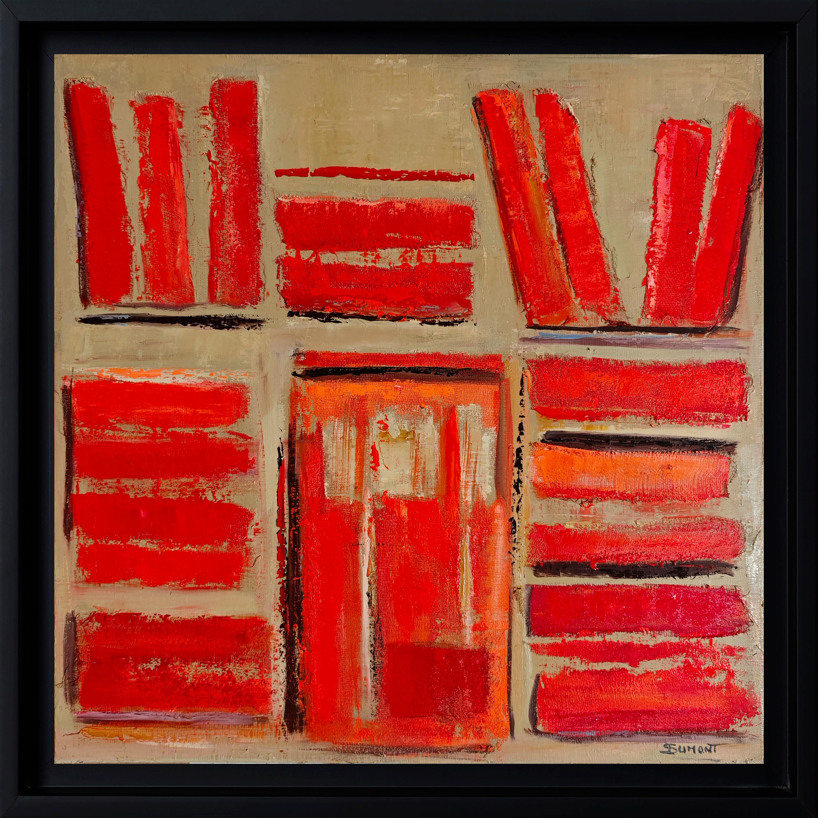 Les reliures rouges- Abstract library, textured painting, Oil on canvas