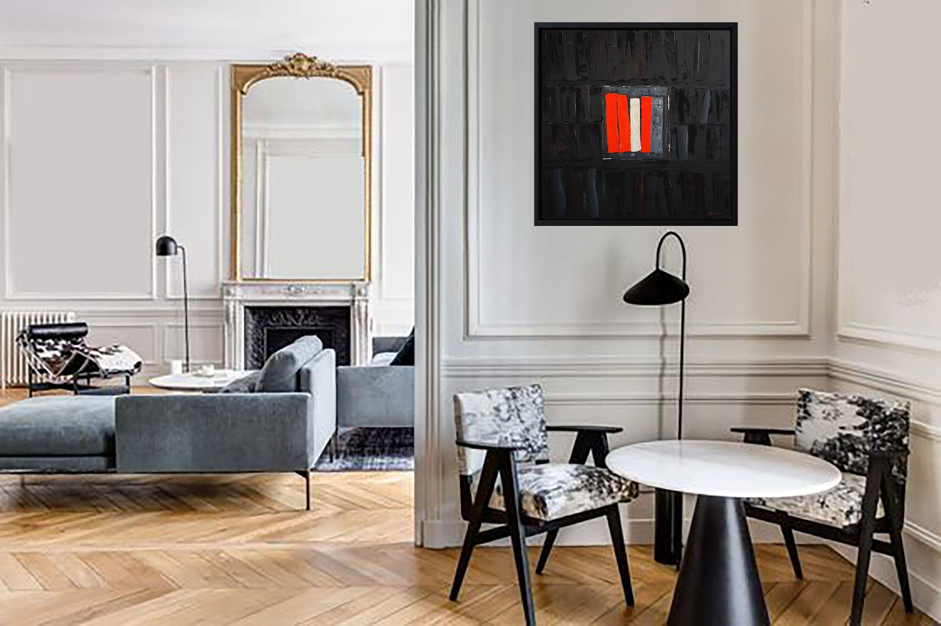 passion litteraire, oil, black red abstract; library, contempory art, minimalism - Painting by SOPHIE DUMONT