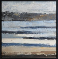 Paysage de bord de mer abstrait, bleu, huile sur toile, expressionnisme, France