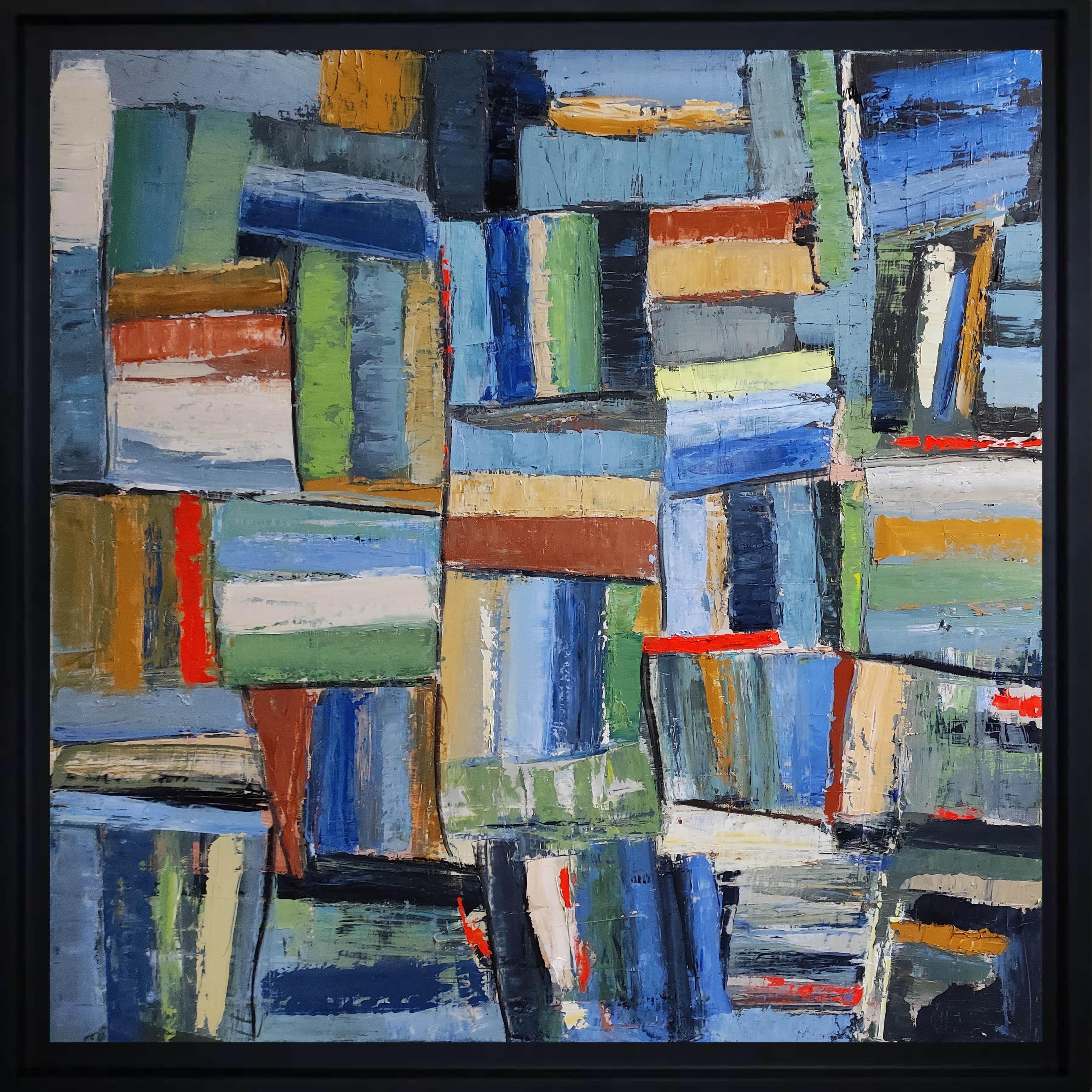 pele mele, Öl auf Leinwand, blau abstrakt, Bibliothek, Bücher Expressionismus, farbenfroh – Painting von SOPHIE DUMONT