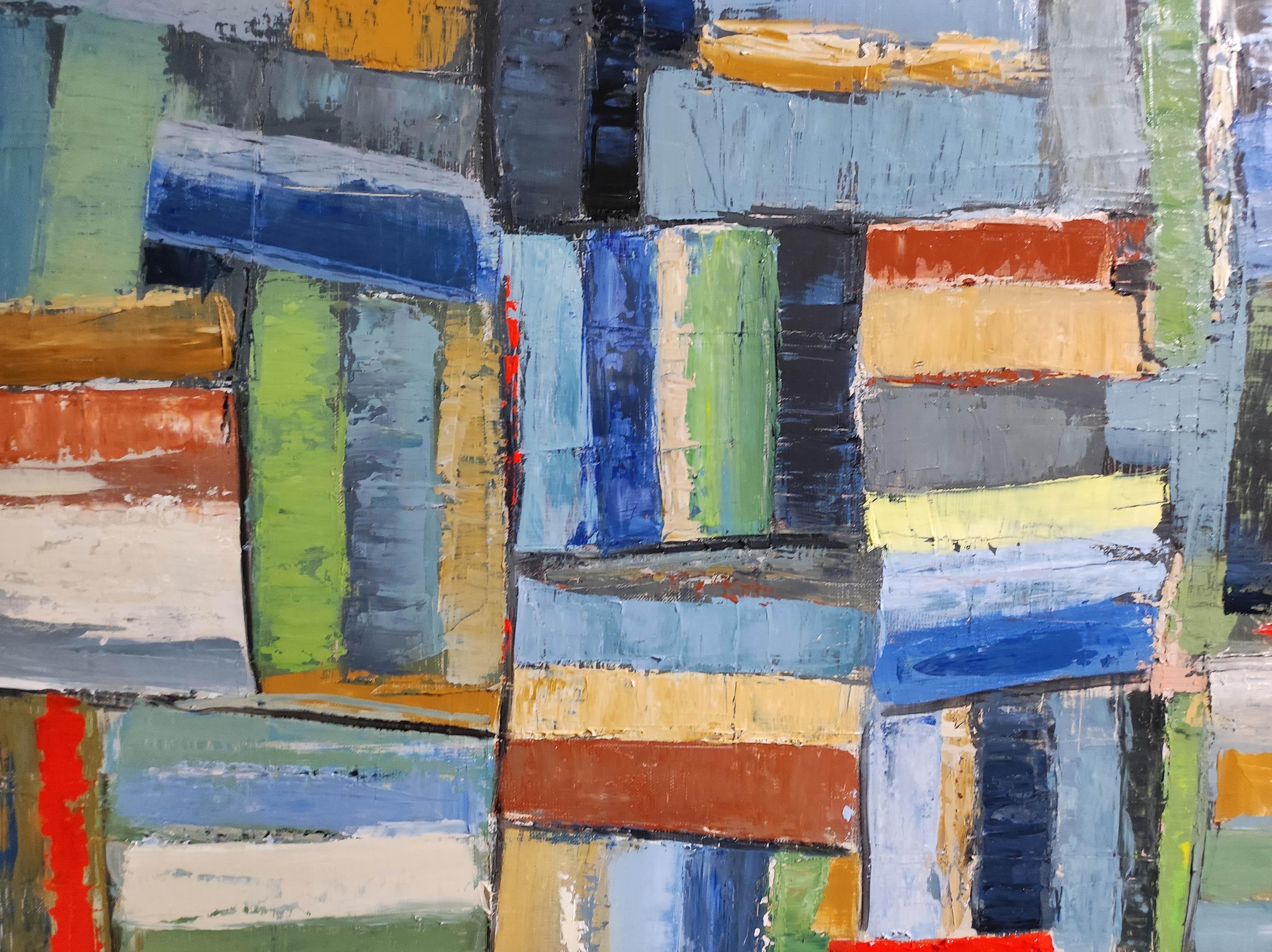 pele mele, olio su tela, blu astratto, biblioteca, libri espressionismo, colorfull - Painting Espressionismo astratto di SOPHIE DUMONT