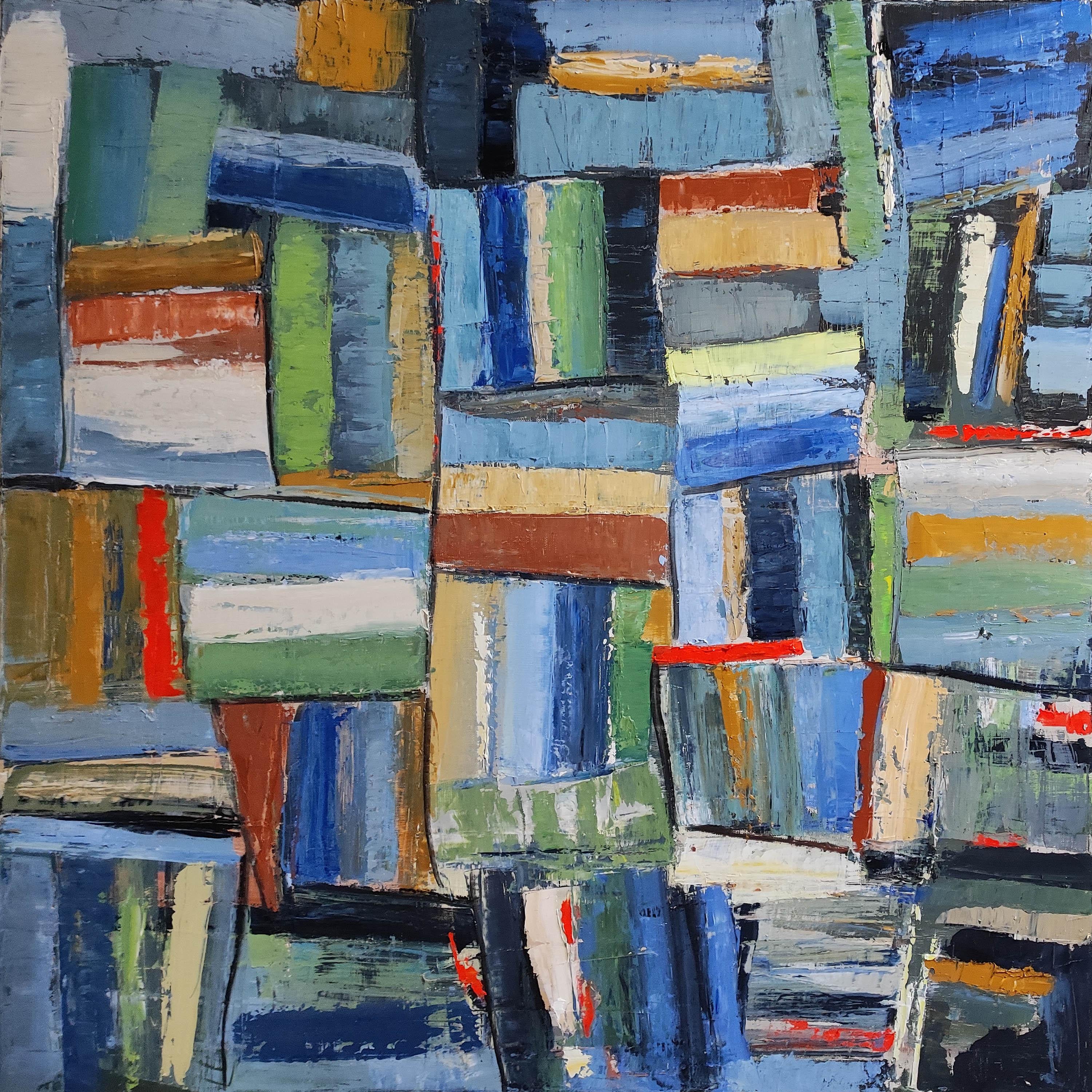 SOPHIE DUMONT Still-Life Painting – pele mele, Öl auf Leinwand, blau abstrakt, Bibliothek, Bücher Expressionismus, farbenfroh