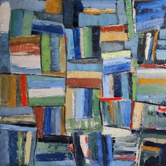 pele mele, oil on canvas, blue abstract, libraries, expressionism, colorfull