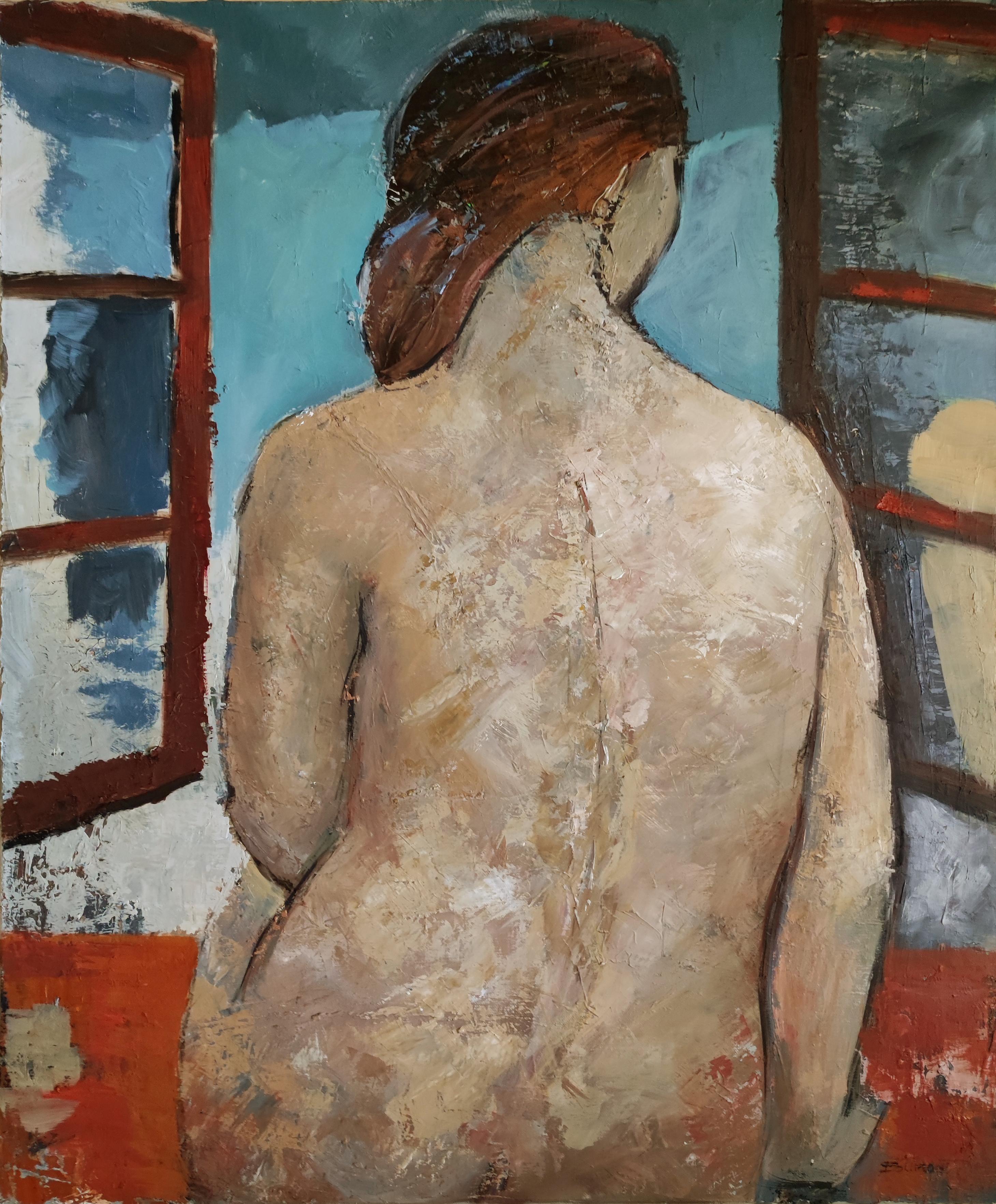 Secretos pensamientos, mujer desnuda, figurativo moderno, óleo sobre lienzo, texturizado, Francia - Painting Expresionista de SOPHIE DUMONT