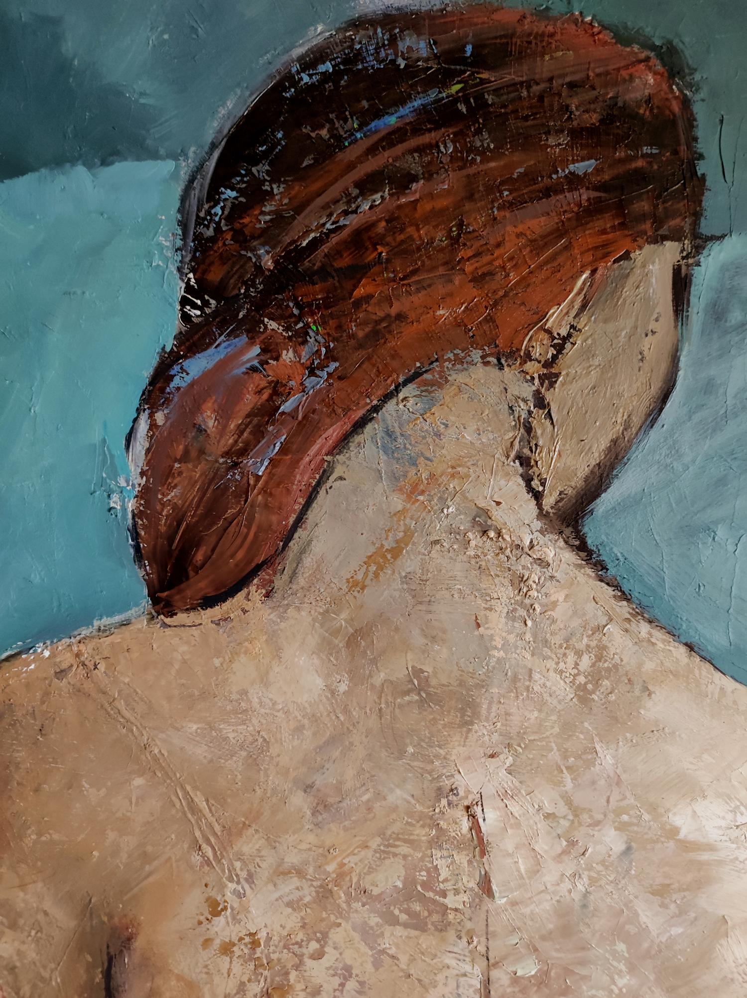 A captivating piece by artist Sophie Dumont, titled 'Secret Thoughts,' this oil-on-canvas female nude, painted with a palette knife, unveils a profound introspection. The canvas portrays a nude woman seated with her back to the viewer, lost in