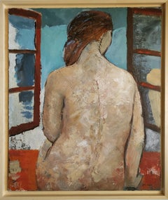 Des pensées secrètes, femme nue, moderne figurative, huile sur toile, texturée, France