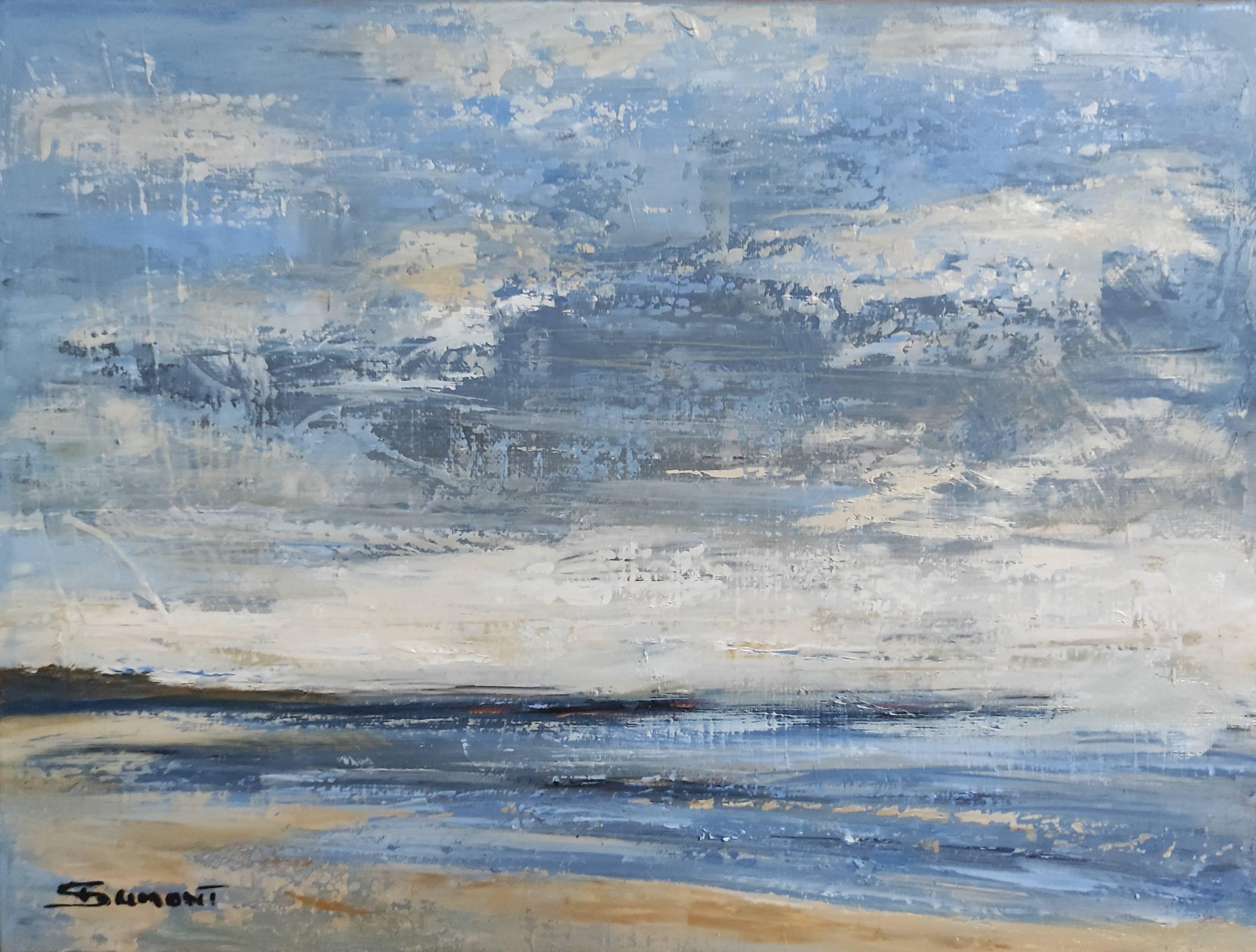 Plage à Trouville, paysage marin, huile sur toile, serie des bords de mer ; bleu - Painting de SOPHIE DUMONT