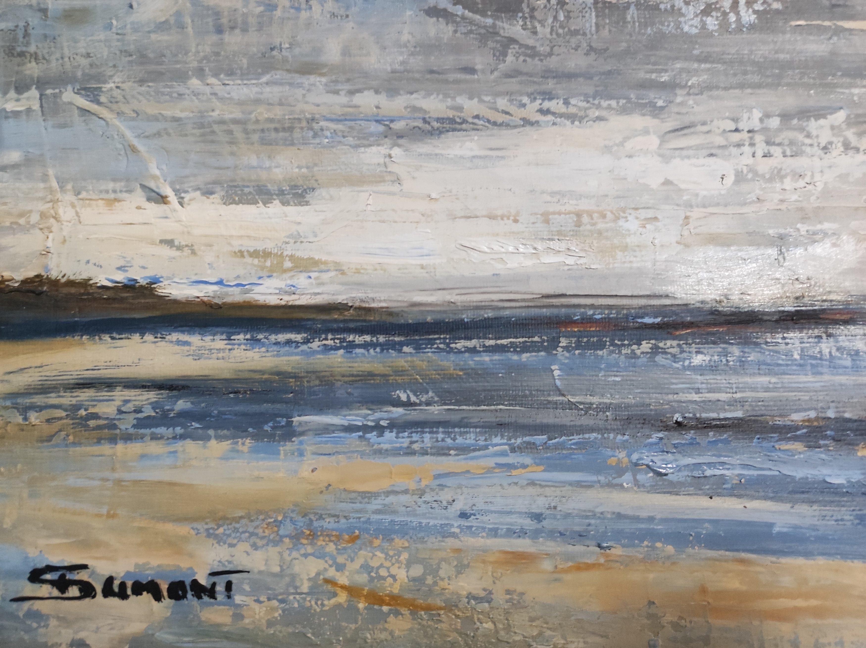 Plage à Trouville, paysage marin, huile sur toile, serie des bords de mer ; bleu - Impressionnisme abstrait Painting par SOPHIE DUMONT