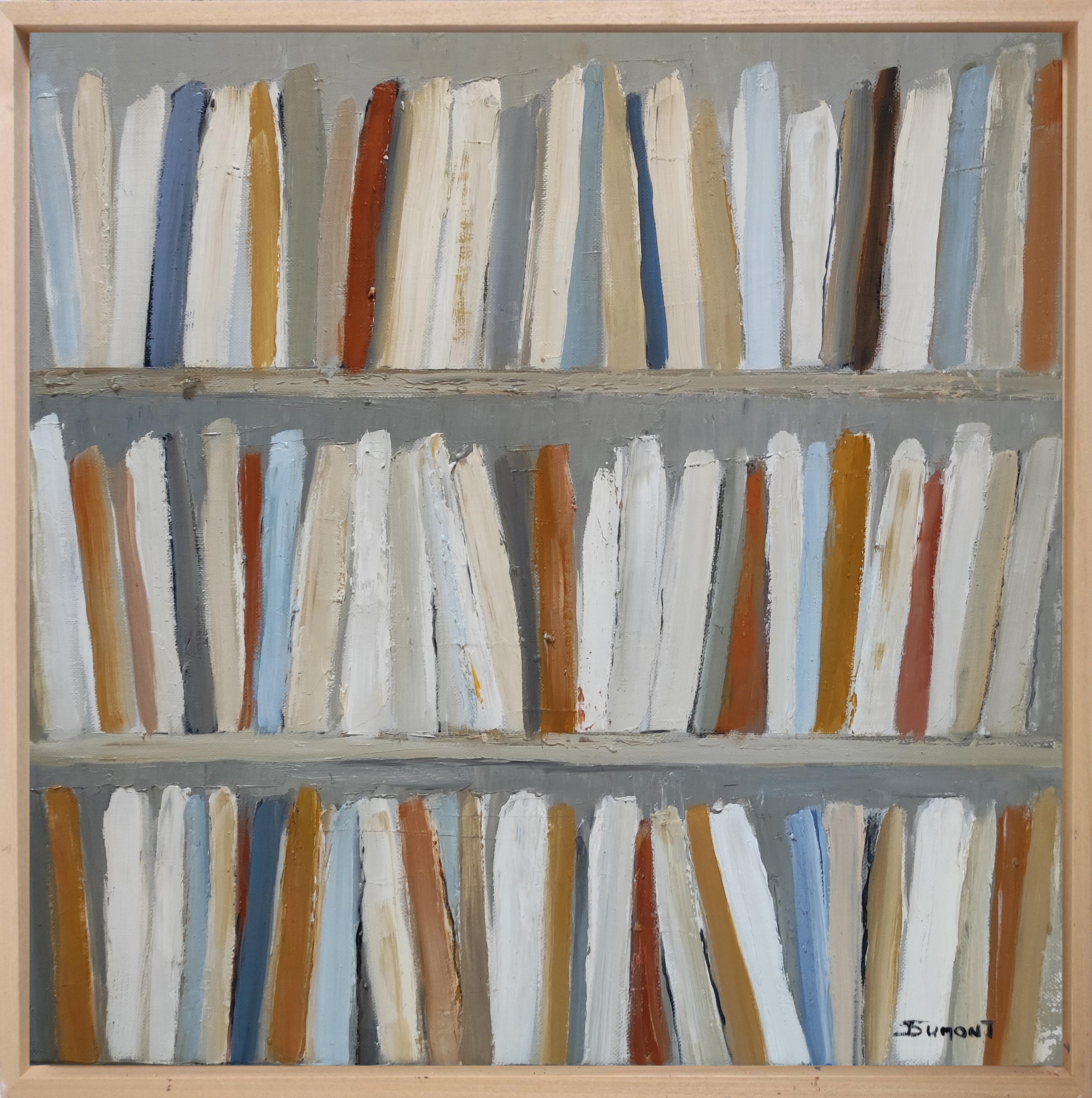 SOPHIE DUMONT Interior Painting - pocket books, blue abstract library, minimalism, oil on canvas, contempory art