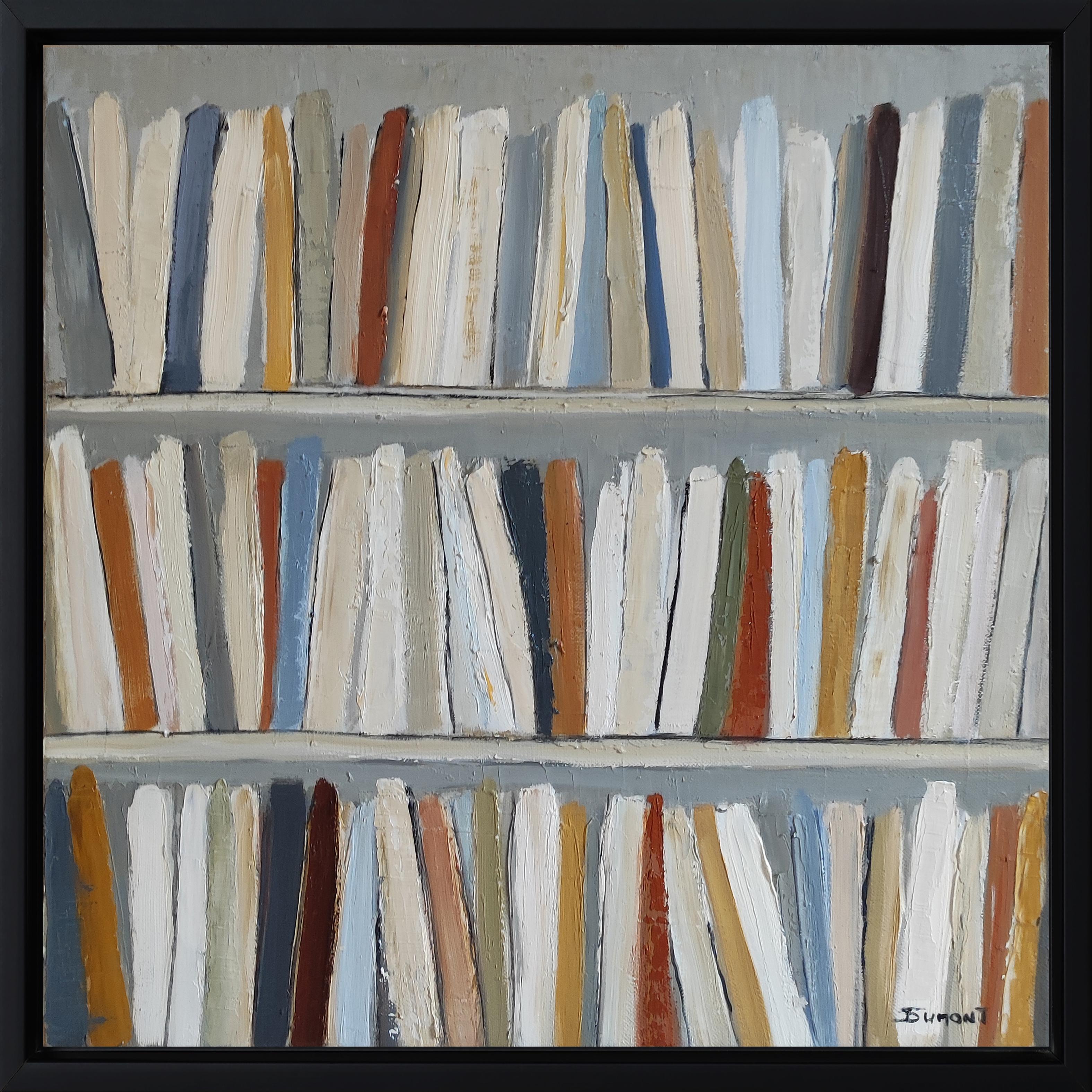 Livres de poche, Bibliothèque abstraite, minimalisme, huile sur toile, Contemporary French en vente 7