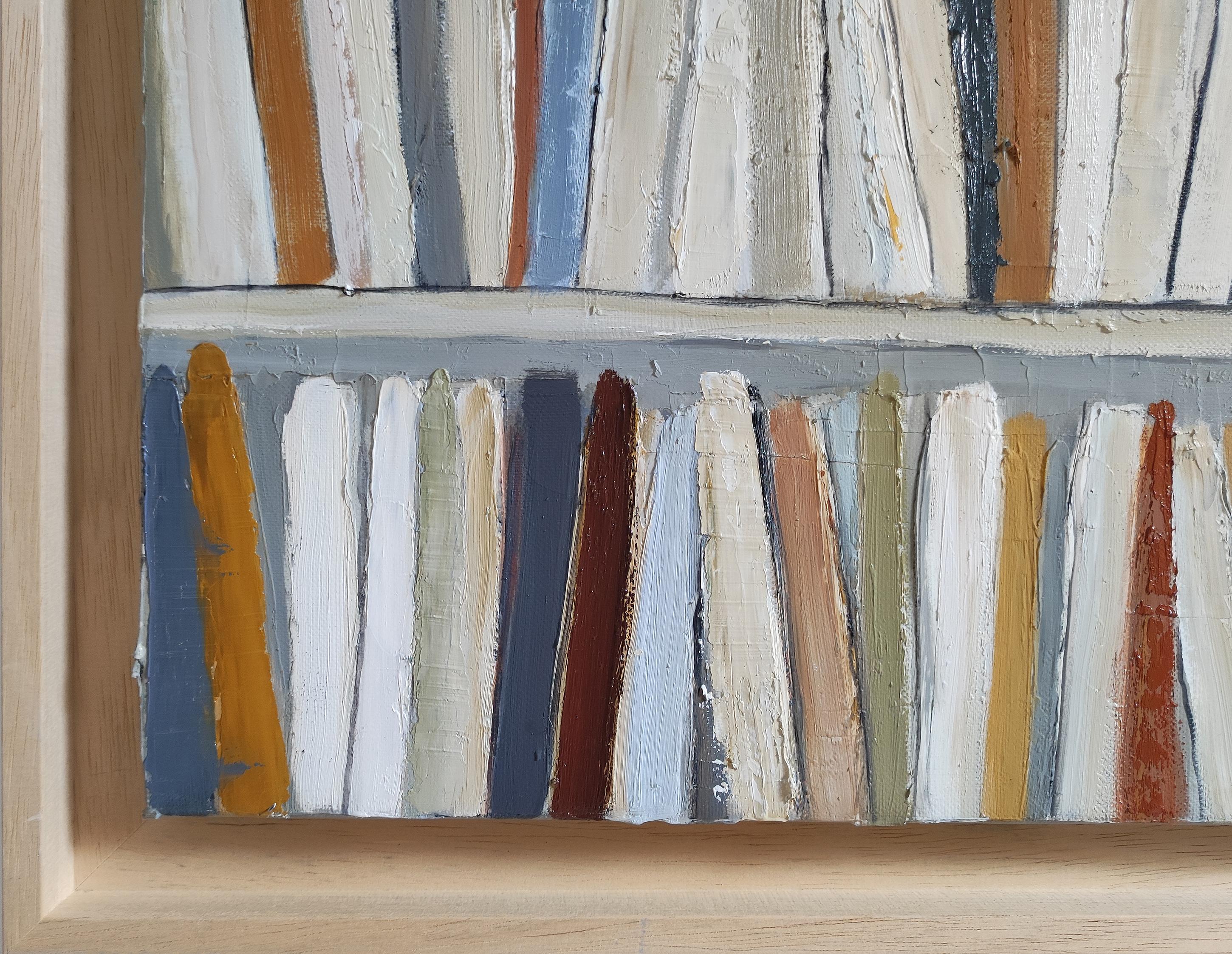 Livres de poche, Bibliothèque abstraite, minimalisme, huile sur toile, Contemporary French - Expressionnisme abstrait Painting par SOPHIE DUMONT