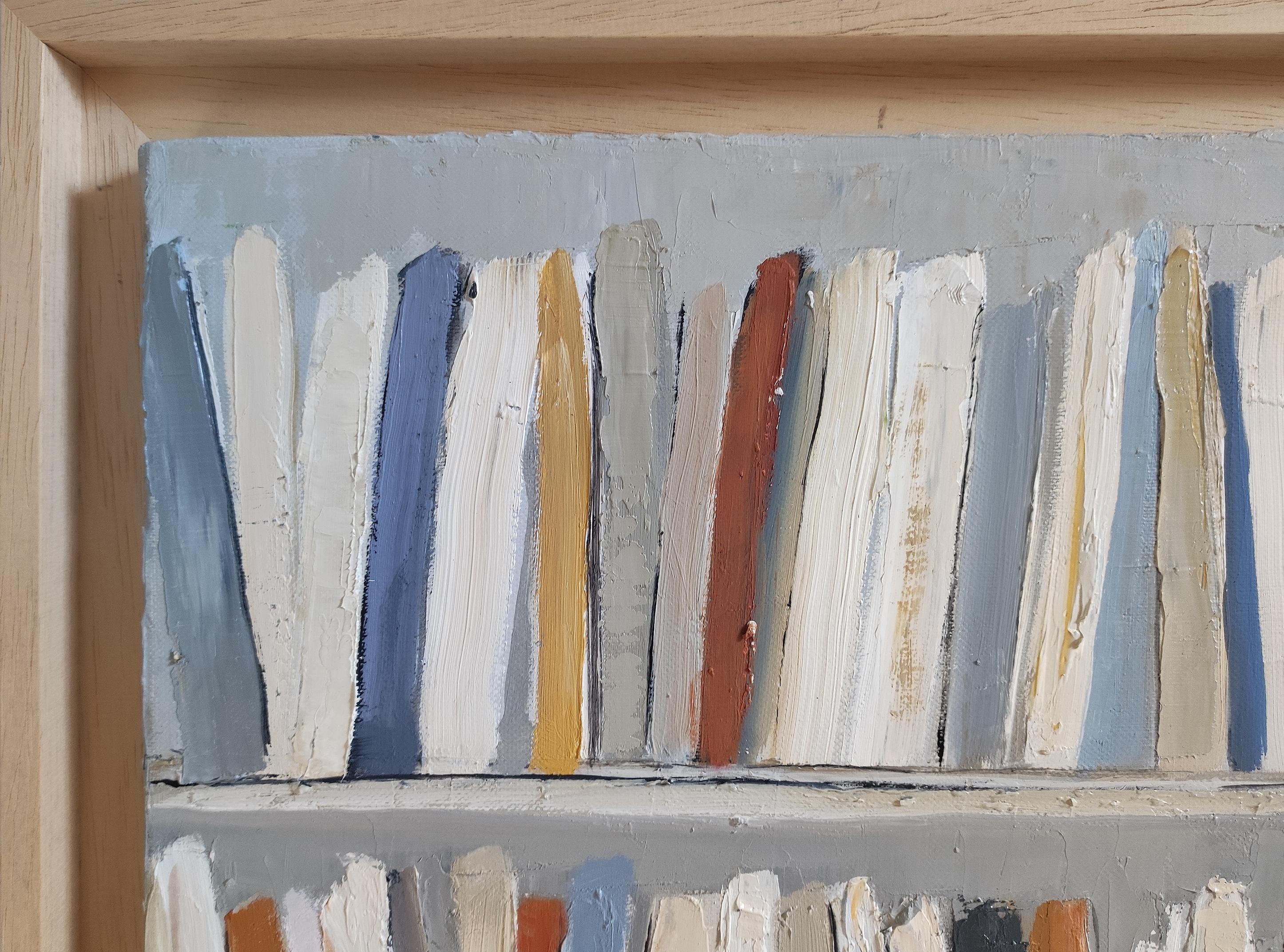 Livres de poche, Bibliothèque abstraite, minimalisme, huile sur toile, Contemporary French en vente 1