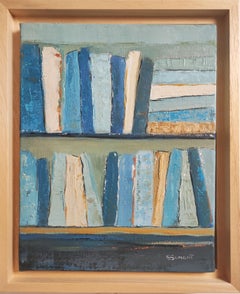 SOPHIE DUMONT - pocket books, blue abstract, minimalism, library series, oil on canvas, modern pocket books, blue abstract, minimalism, library series, oil on canvas, modern