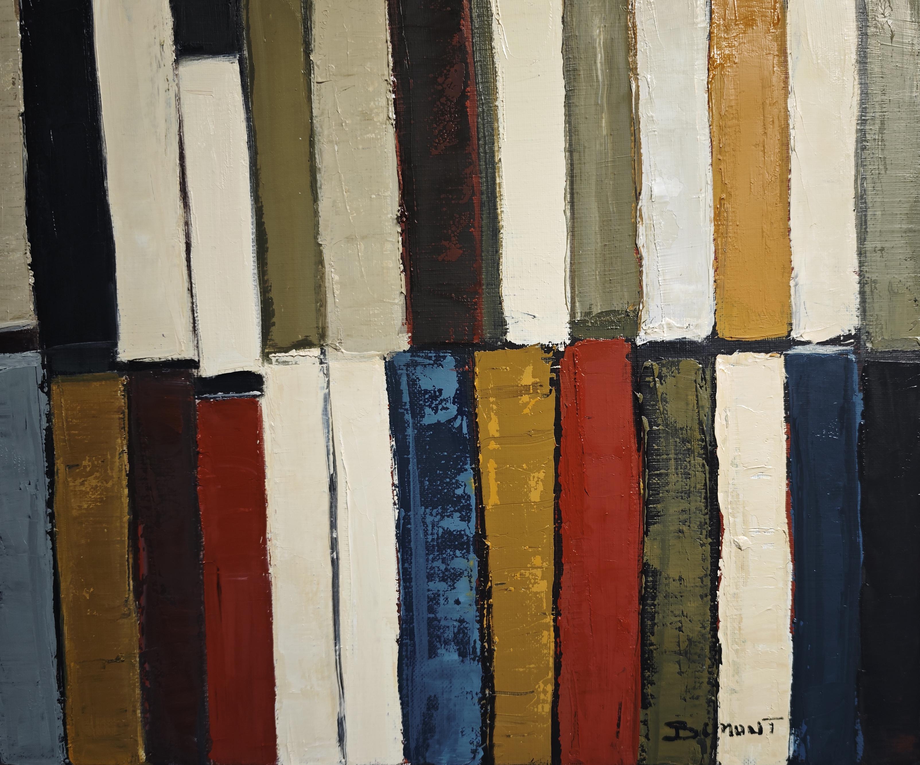 Polyphony of Books, Oil on canvas, Abstract library, Expressionism, French art - Black Abstract Painting by SOPHIE DUMONT