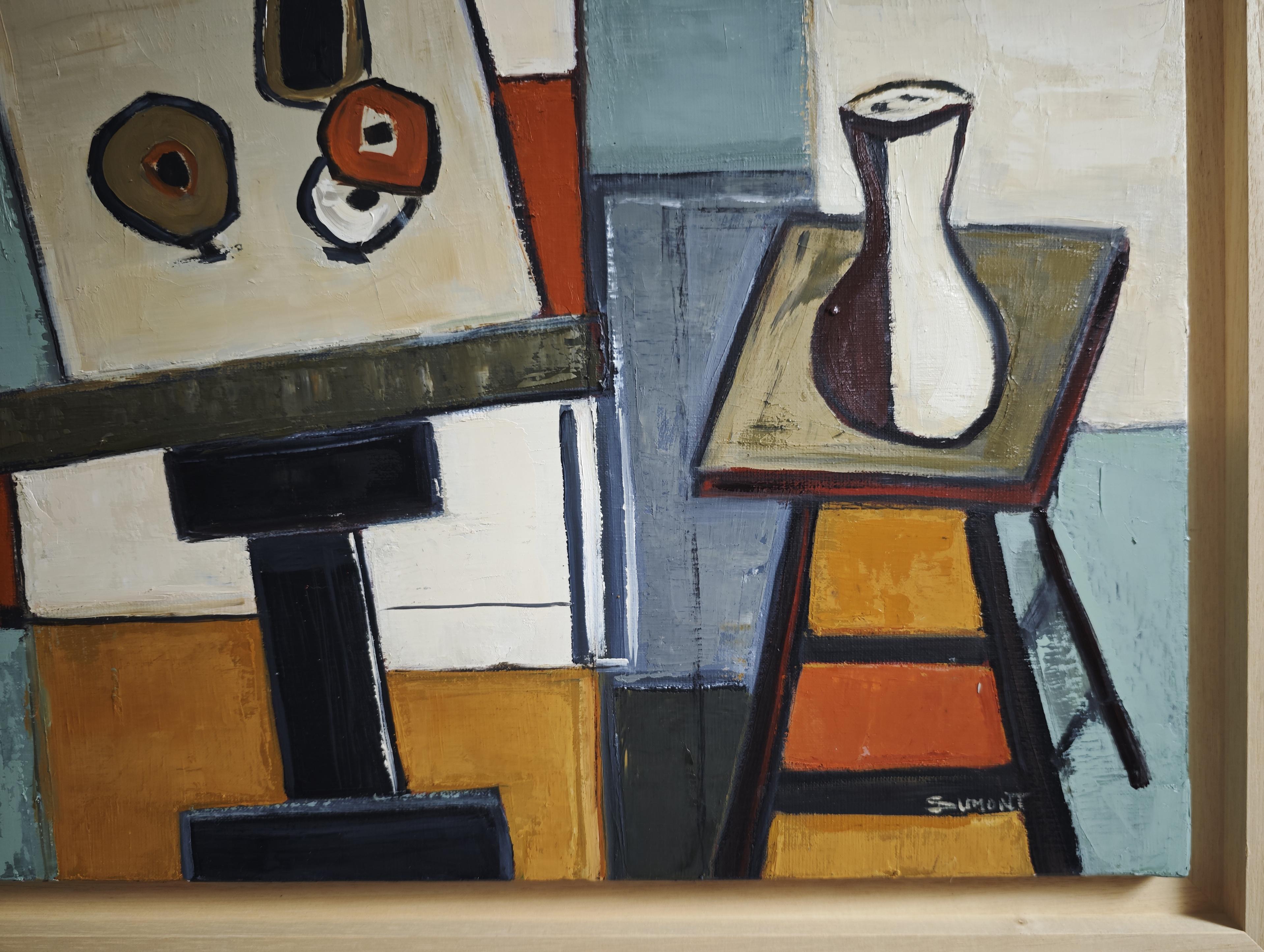 Pintura al óleo postcubista del interior del Studio A de Sophie Dumont - Abstract Painting Gris de SOPHIE DUMONT